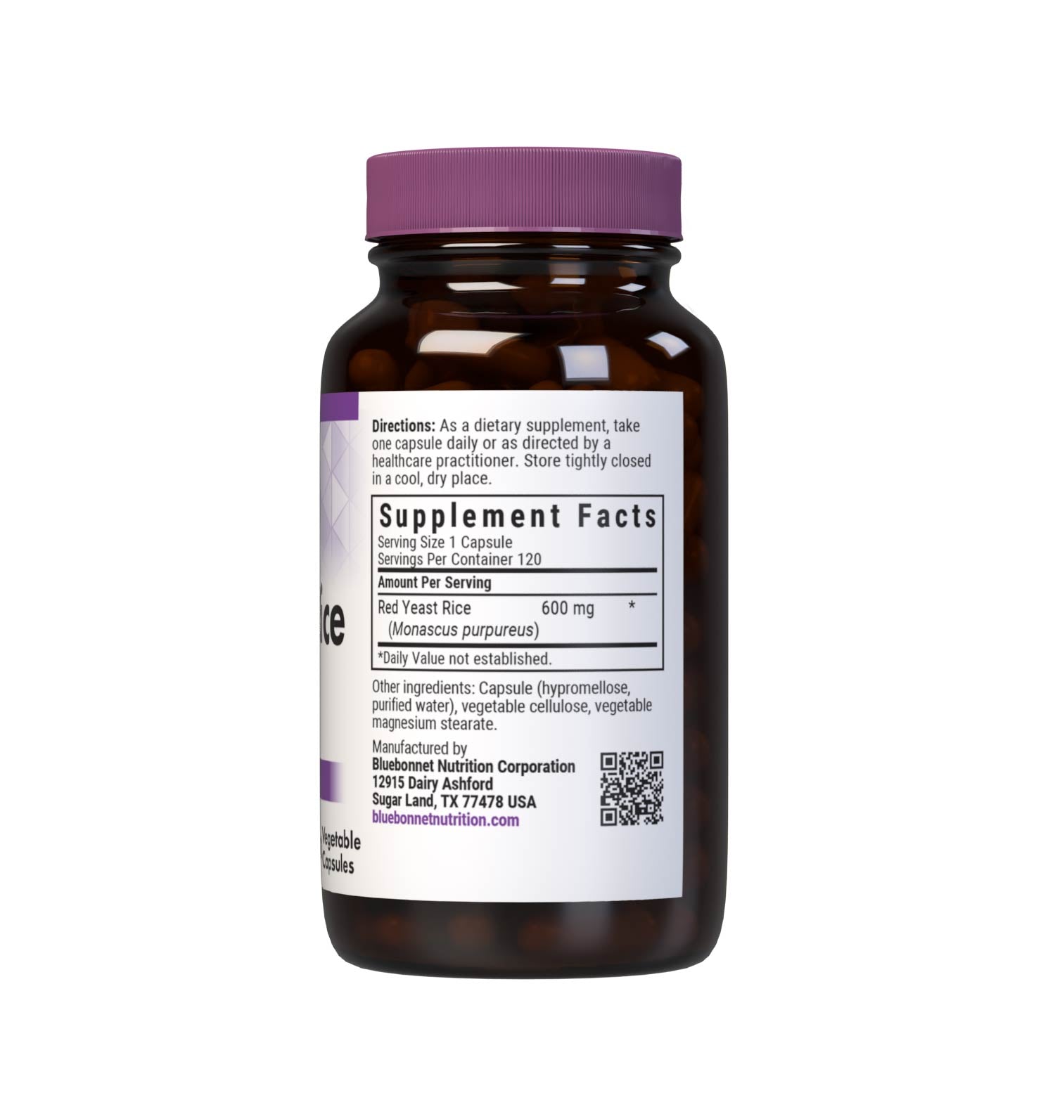 Bluebonnet’s Red Yeast Rice 600 mg 120 Vegetable Capsules are formulated with red yeast rice, which is the product of rice fermentation with various strains of the yeast, Monascus purpureus. Red yeast rice may help to maintain cholesterol levels that are already within the normal range. Supplement facts panel. #size_120 count