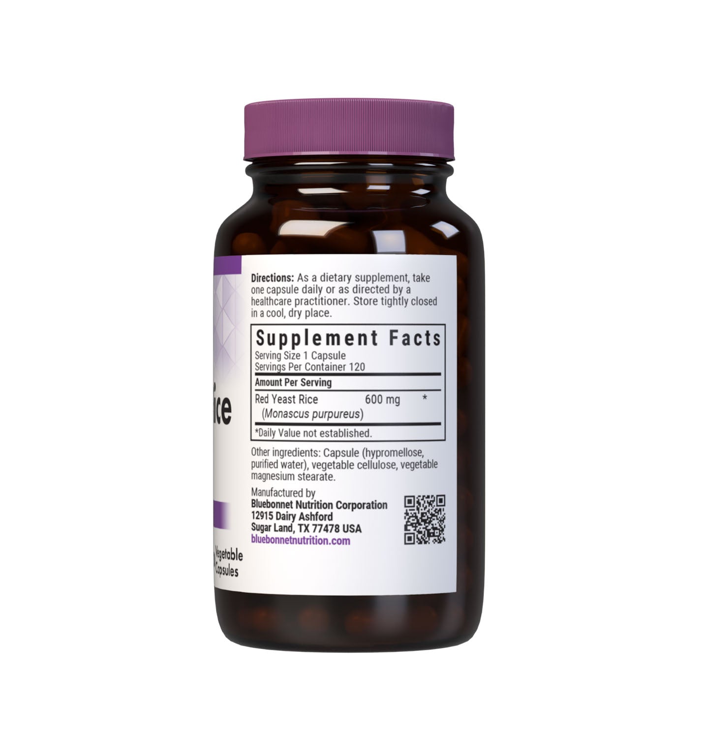 Bluebonnet’s Red Yeast Rice 600 mg 120 Vegetable Capsules are formulated with red yeast rice, which is the product of rice fermentation with various strains of the yeast, Monascus purpureus. Red yeast rice may help to maintain cholesterol levels that are already within the normal range. Supplement facts panel. #size_120 count