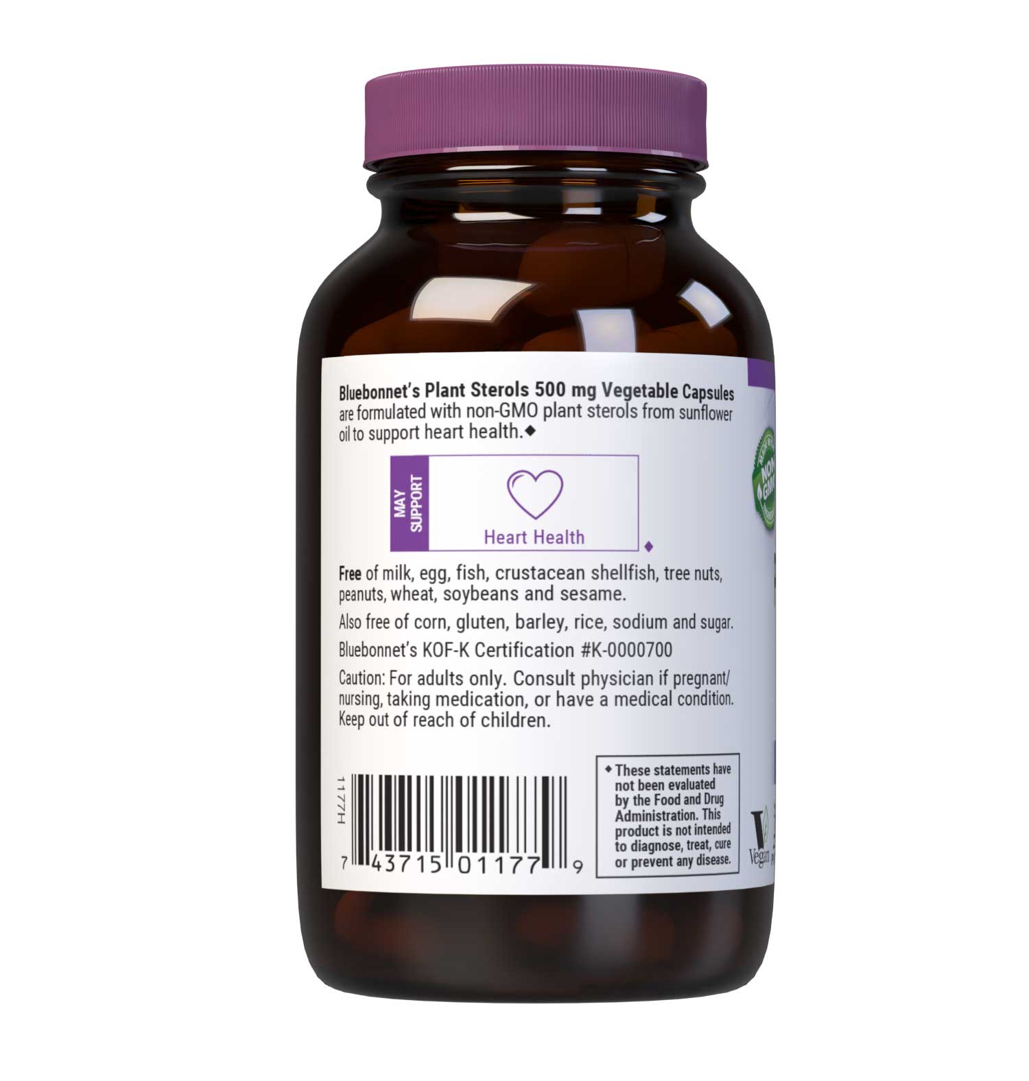 Bluebonnet’s Plant Sterols 500 mg 60 Vegetable Capsules are formulated with non-GMO plant sterols from sunflower oil to help limit cholesterol absorption, helping to support cholesterol levels already within the normal range. Description panel. #size_60 count