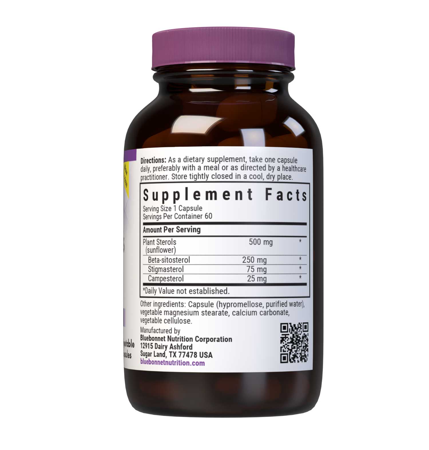 Bluebonnet’s Plant Sterols 500 mg 60 Vegetable Capsules are formulated with non-GMO plant sterols from sunflower oil to help limit cholesterol absorption, helping to support cholesterol levels already within the normal range. Supplement facts panel. #size_60 count