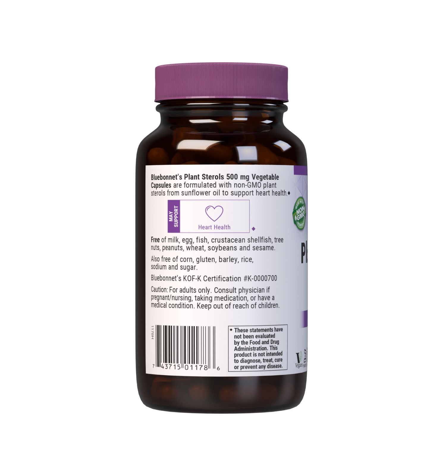 Bluebonnet’s Plant Sterols 500 mg 90 Vegetable Capsules are formulated with non-GMO plant sterols from sunflower oil to help limit cholesterol absorption, helping to support cholesterol levels already within the normal range. Description panel. #size_90 count