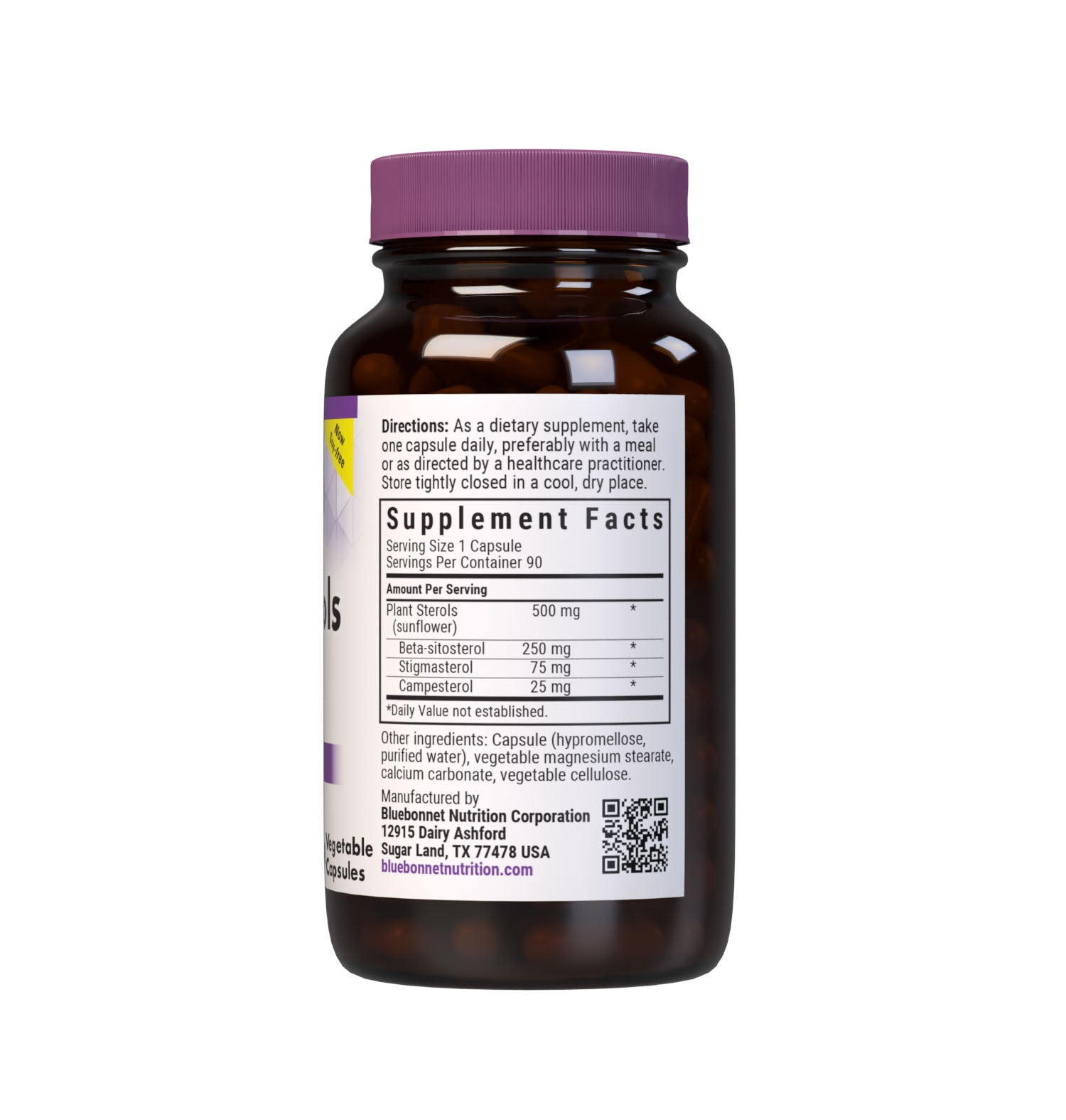 Bluebonnet’s Plant Sterols 500 mg 90 Vegetable Capsules are formulated with non-GMO plant sterols from sunflower oil to help limit cholesterol absorption, helping to support cholesterol levels already within the normal range. Supplement facts panel. #size_90 count