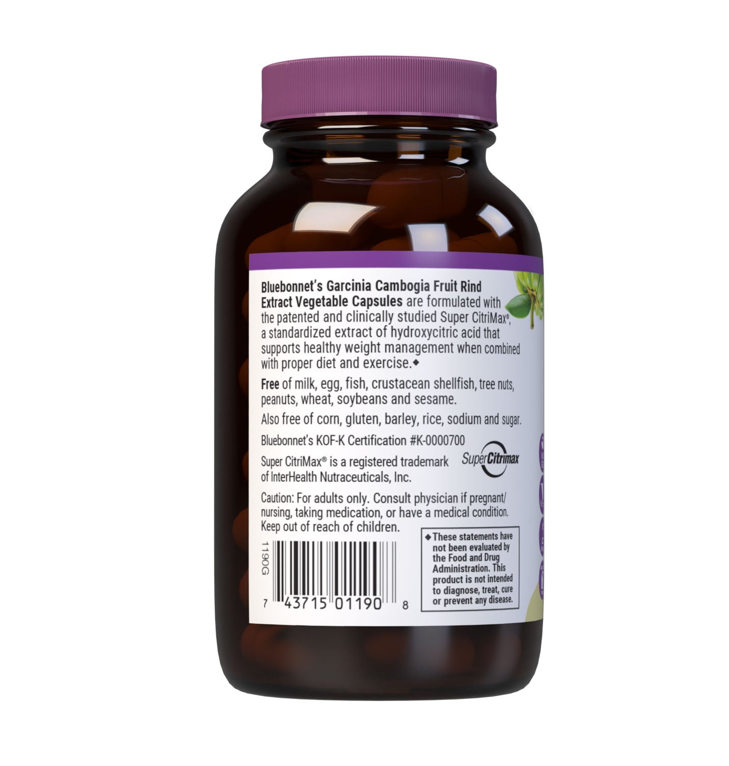 Bluebonnet’s Super Fruit Garcinia Cambogia Fruit Rind Extract 60 Vegetable Capsules are formulated with a patented Garcinia cambogia extract, known as Super CitriMax, that is standardized for 60% hydroxycitric acid (HCA). When combined with proper diet and exercise, HCA may support healthy weight management by inhibiting fat production, burning fat, and curbing appetite. Description panel. #size_60 count
