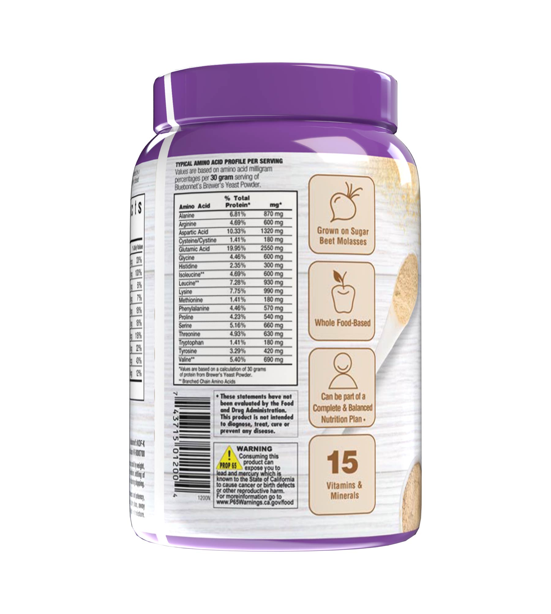 Bluebonnet’s Super Earth® Brewer’s Yeast Powder is formulated with a select strain of Saccharomyces cerevisiae that is carefully grown on certified non-GMO sugar beet molasses instead of the typical grain-derived brewer’s yeast that is recovered from the beer-brewing process. Description panel. #size_1 lb