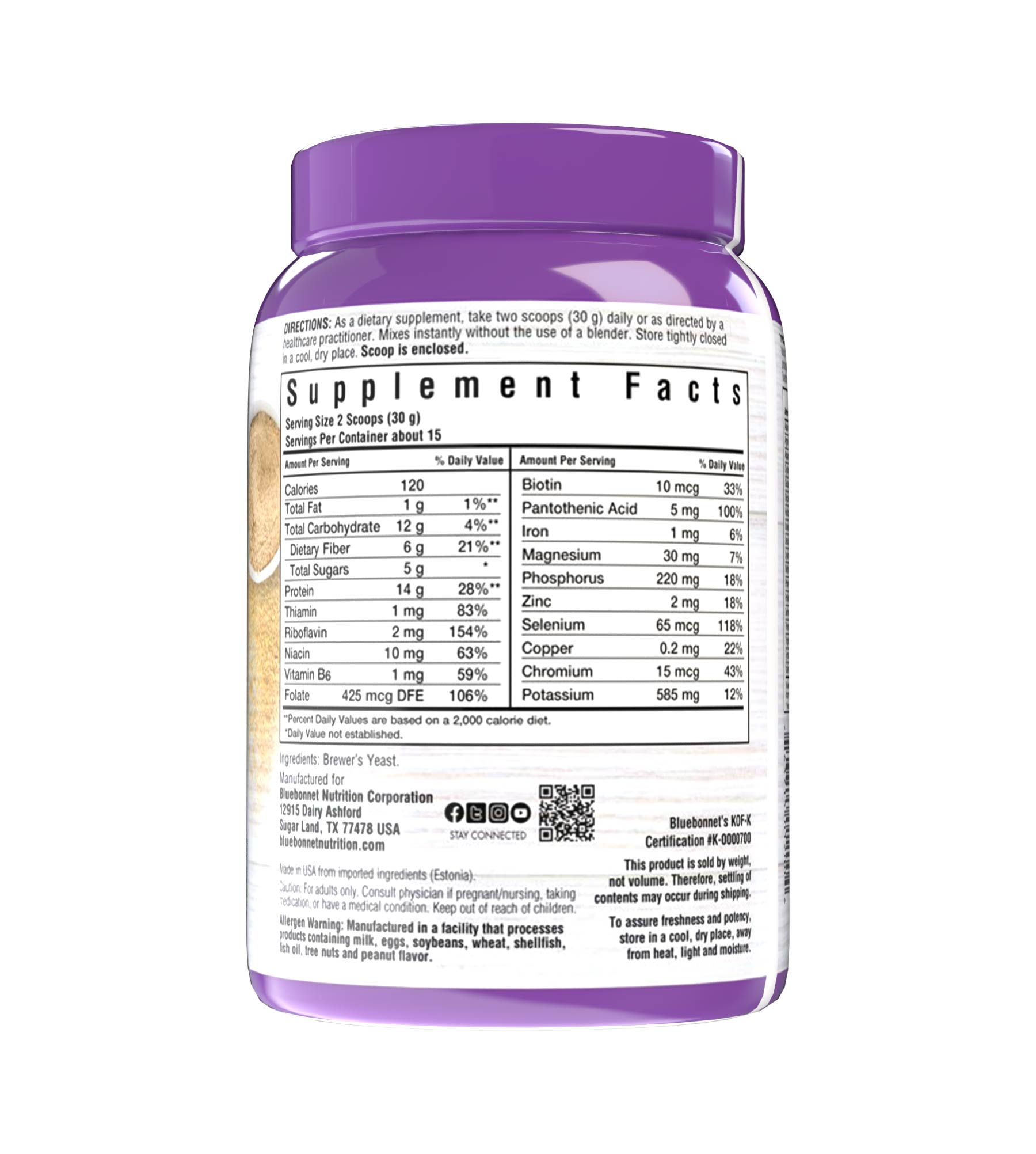 Bluebonnet’s Super Earth® Brewer’s Yeast Powder is formulated with a select strain of Saccharomyces cerevisiae that is carefully grown on certified non-GMO sugar beet molasses instead of the typical grain-derived brewer’s yeast that is recovered from the beer-brewing process. Supplement facts panel. #size_1 lb