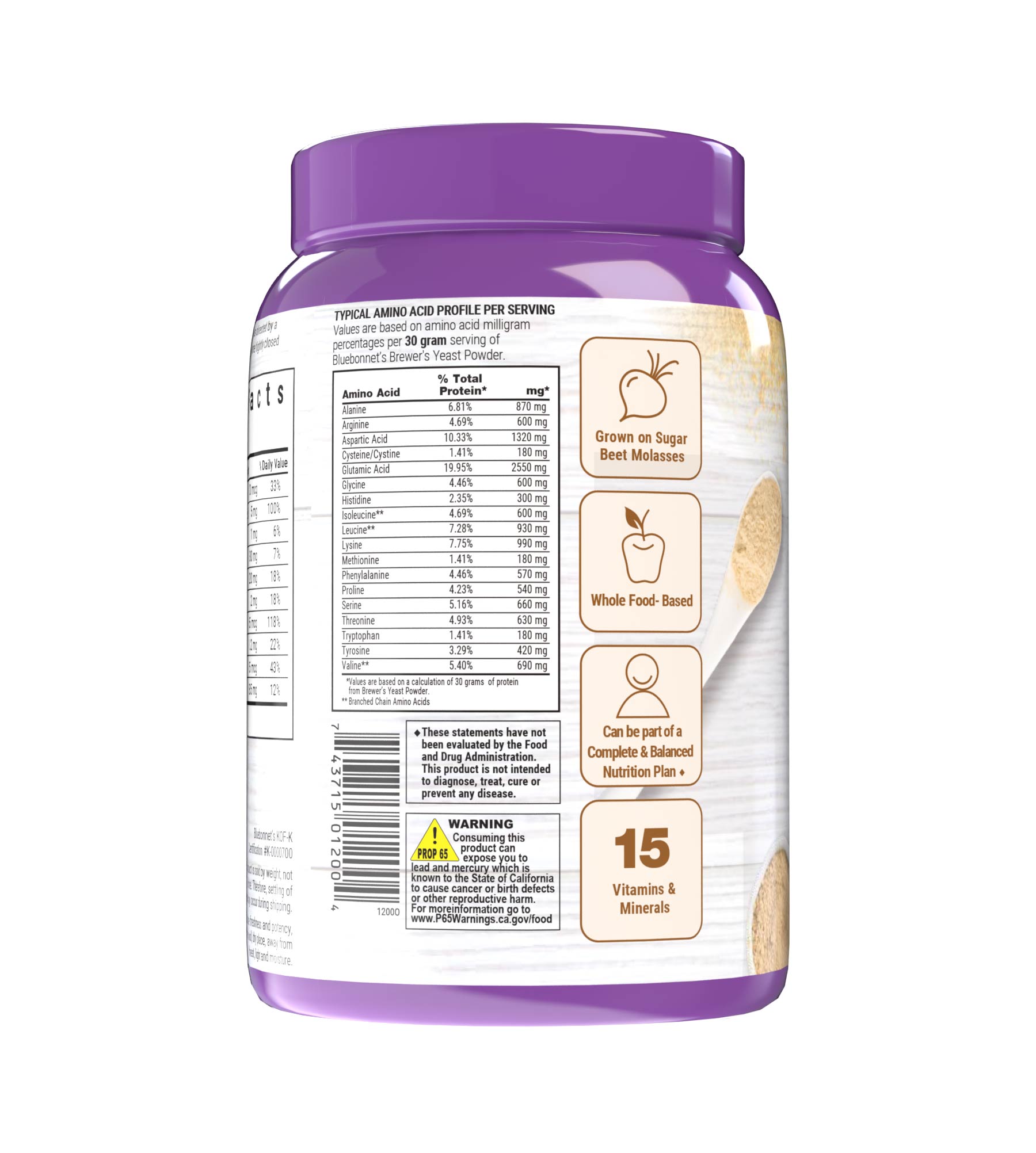 Bluebonnet’s Super Earth® Brewer’s Yeast Powder is formulated with a select strain of Saccharomyces cerevisiae that is carefully grown on certified non-GMO sugar beet molasses instead of the typical grain-derived brewer’s yeast that is recovered from the beer-brewing process. Amino acids panel. #size_1 lb