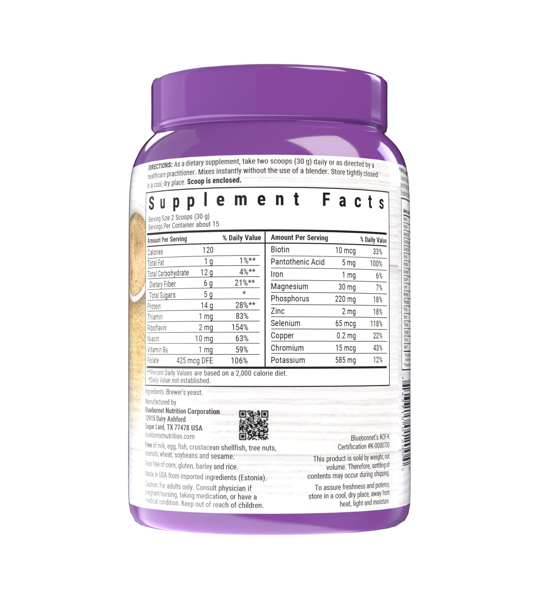 Bluebonnet’s Super Earth® Brewer’s Yeast Powder is formulated with a select strain of Saccharomyces cerevisiae that is carefully grown on certified non-GMO sugar beet molasses instead of the typical grain-derived brewer’s yeast that is recovered from the beer-brewing process. Supplement facts panel. #size_1 lb