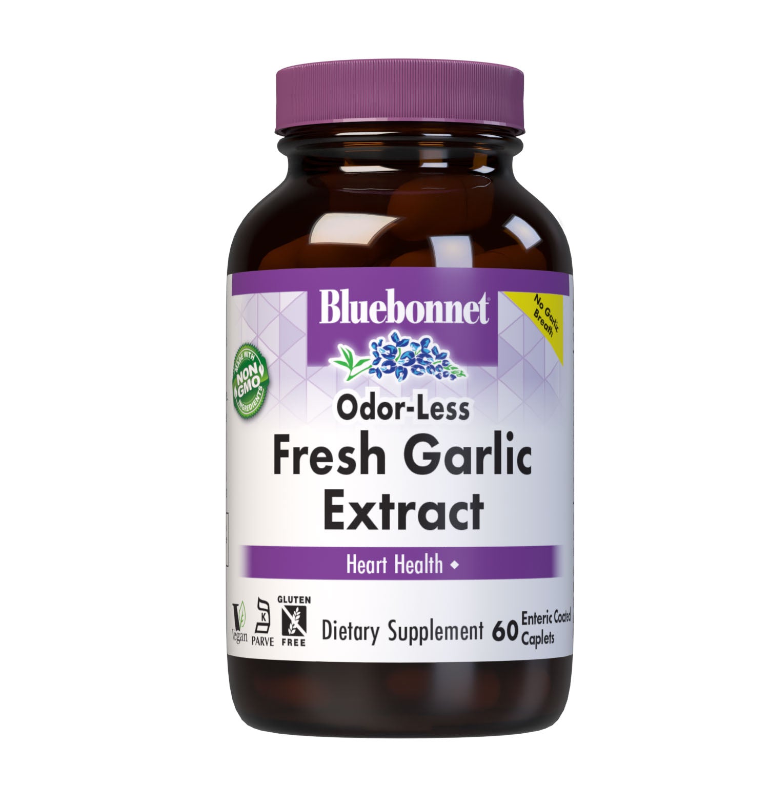 Bluebonnet’s Standardized Odor-Less Fresh Garlic Extract 60 Enteric Coated Caplets are formulated with fresh garlic extract from non-GMO garlic bulb and are standardized to yield allicin and allicin precursors, which are converted to allicin when ingested to support heart health. #size_60 count