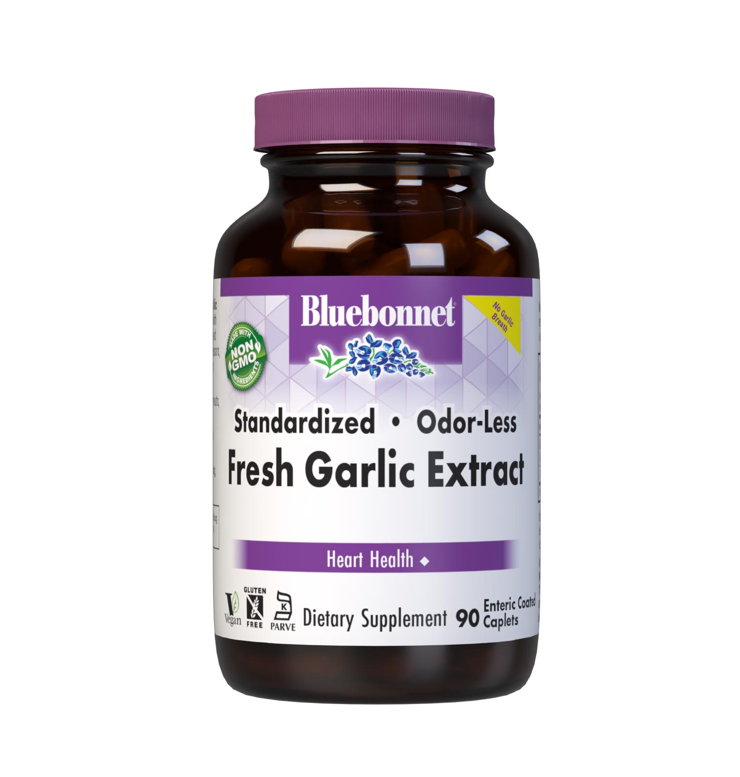 Bluebonnet’s Standardized Odor-Less Fresh Garlic Extract 90 Enteric Coated Caplets are formulated with fresh garlic extract from non-GMO garlic bulb and are standardized to yield allicin and allicin precursors, which are converted to allicin when ingested to support heart health. #size_90 count