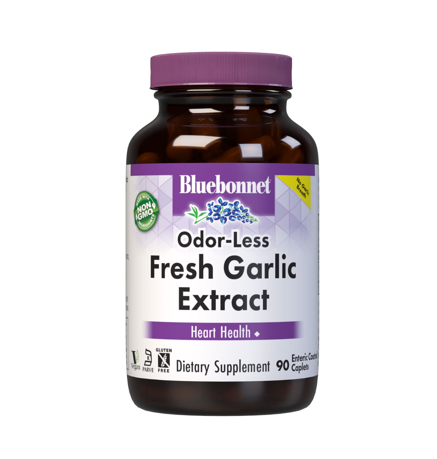 Bluebonnet’s Standardized Odor-Less Fresh Garlic Extract 90 Enteric Coated Caplets are formulated with fresh garlic extract from non-GMO garlic bulb and are standardized to yield allicin and allicin precursors, which are converted to allicin when ingested to support heart health. #size_90 count