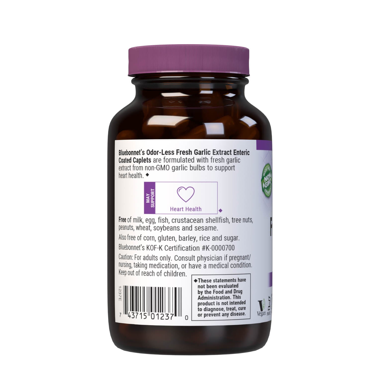 Bluebonnet’s Standardized Odor-Less Fresh Garlic Extract 90 Enteric Coated Caplets are formulated with fresh garlic extract from non-GMO garlic bulb and are standardized to yield allicin and allicin precursors, which are converted to allicin when ingested to support heart health. Description panel. #size_90 count