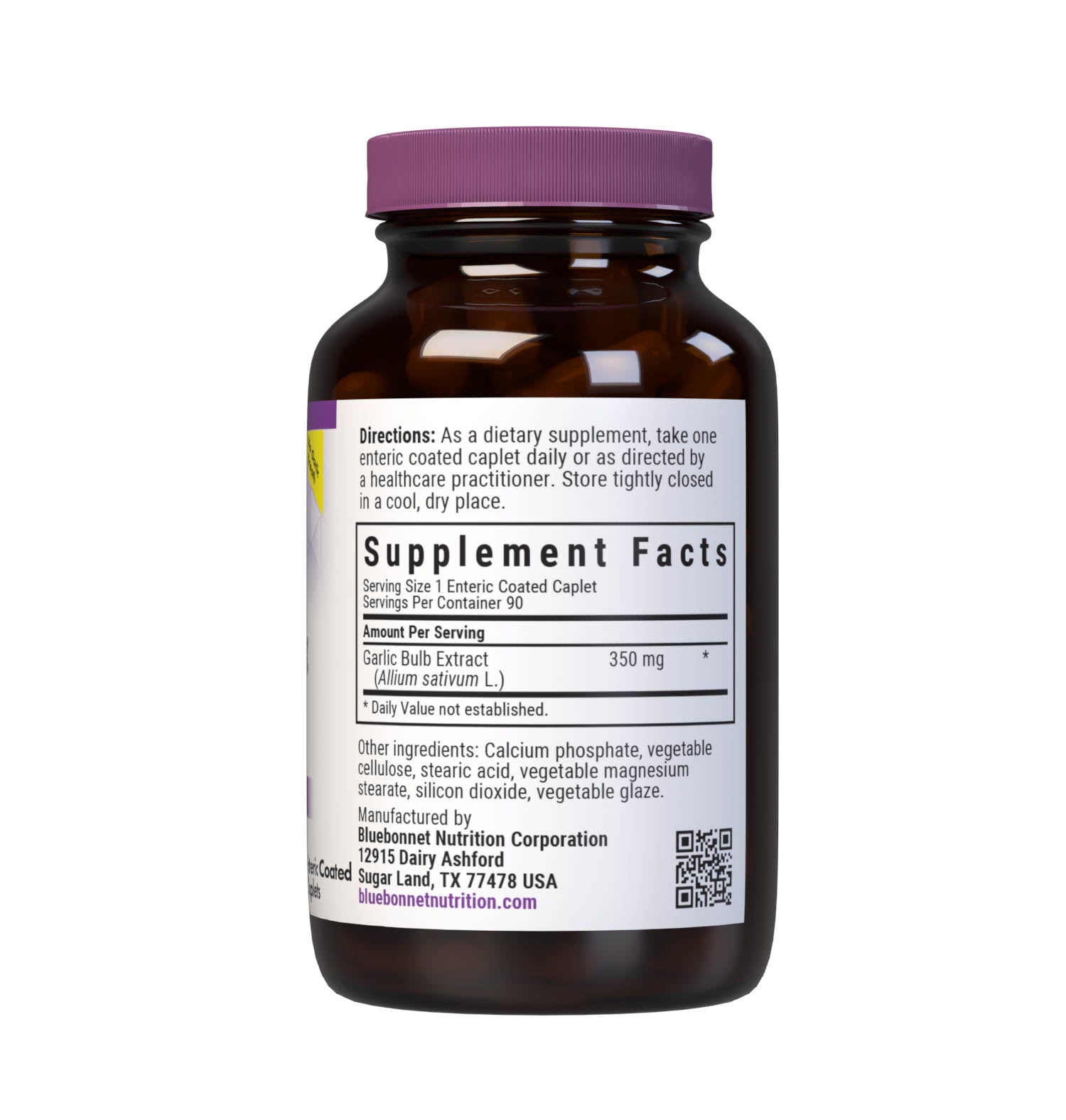 Bluebonnet’s Standardized Odor-Less Fresh Garlic Extract 90 Enteric Coated Caplets are formulated with fresh garlic extract from non-GMO garlic bulb and are standardized to yield allicin and allicin precursors, which are converted to allicin when ingested to support heart health. Supplement facts panel. #size_90 count