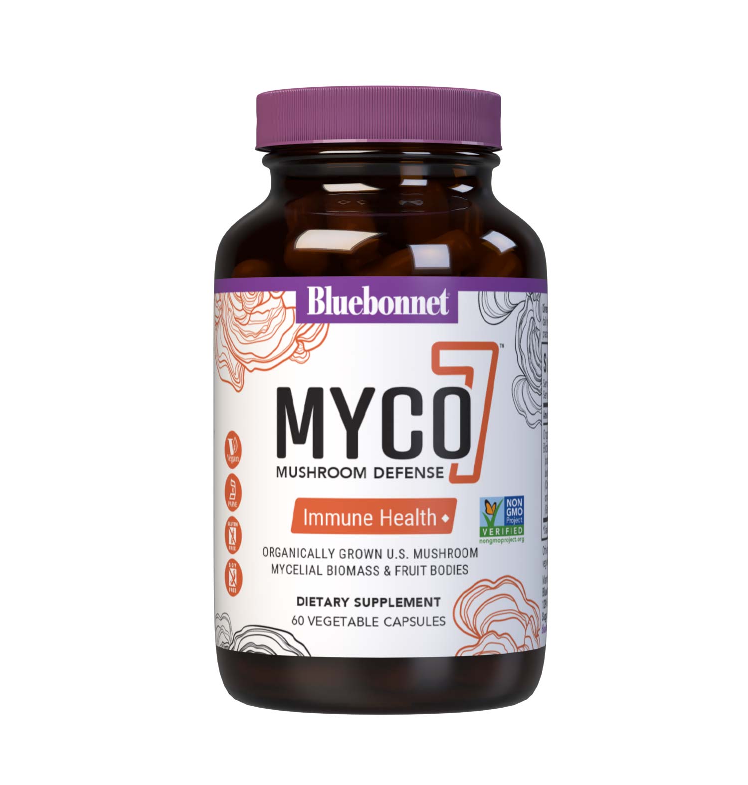 Bluebonnet’s Myco-7 Mushroom Defense Vegetable Capsules are formulated with seven organically grown, whole, full-cycle, mushrooms that are cultivated using solid state fermentation that deliver both the mycelial biomass and fruit bodies to help support immune health, energy & vitality, and daily wellness. #size_60 count