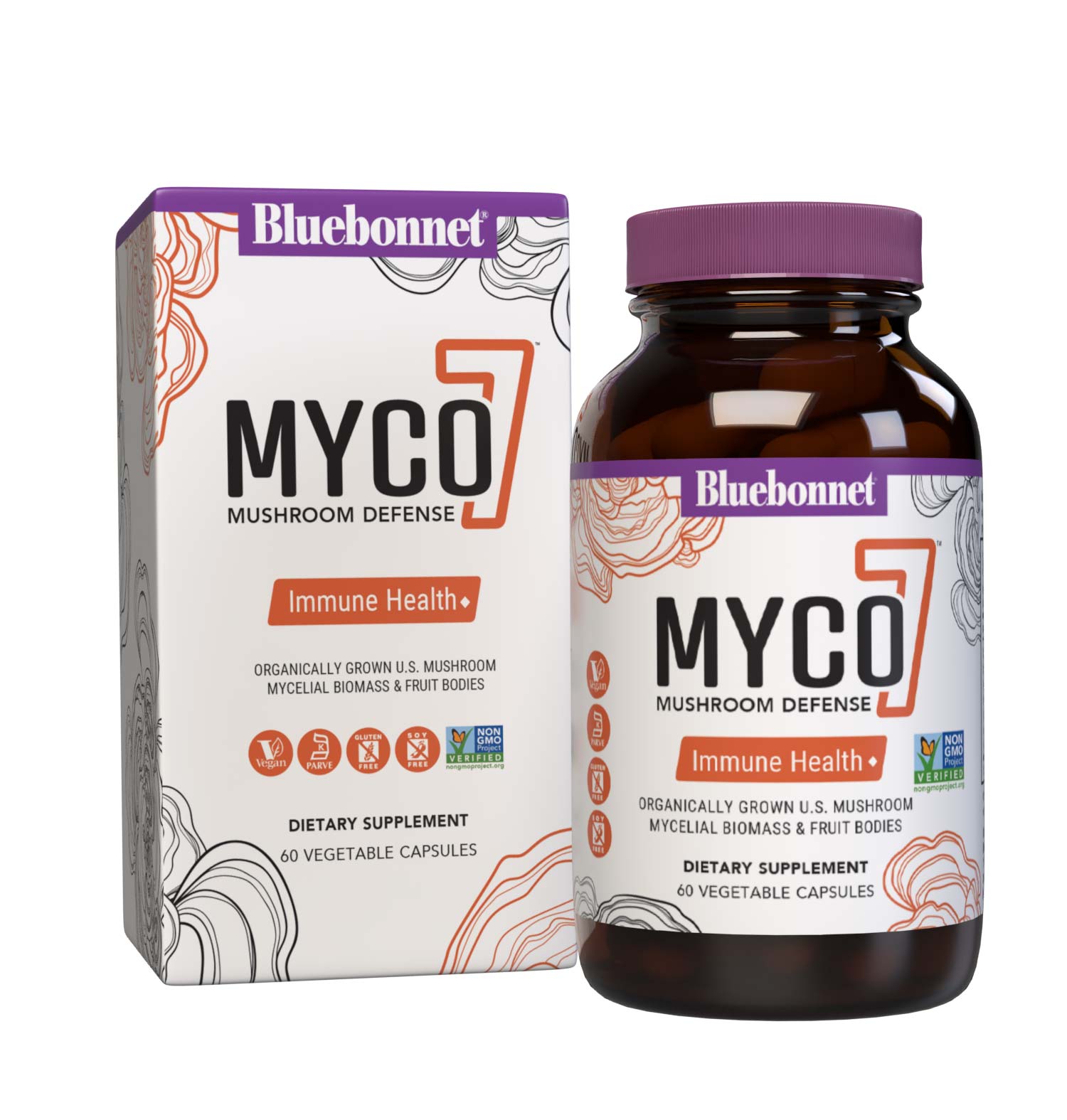 Bluebonnet’s Myco-7 Mushroom Defense Vegetable Capsules are formulated with seven organically grown, whole, full-cycle, mushrooms that are cultivated using solid state fermentation that deliver both the mycelial biomass and fruit bodies to help support immune health, energy & vitality, and daily wellness. Bottle with box. #size_60 count