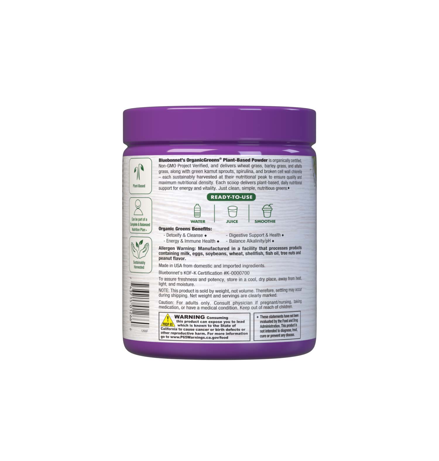 Bluebonnet’s OrganicGreens are the perfect addition to any healthy diet, providing the opportunity to meet the recommended five servings per day of fruits and vegetables in one delicious scoop. Description panel. #size_7.4 oz