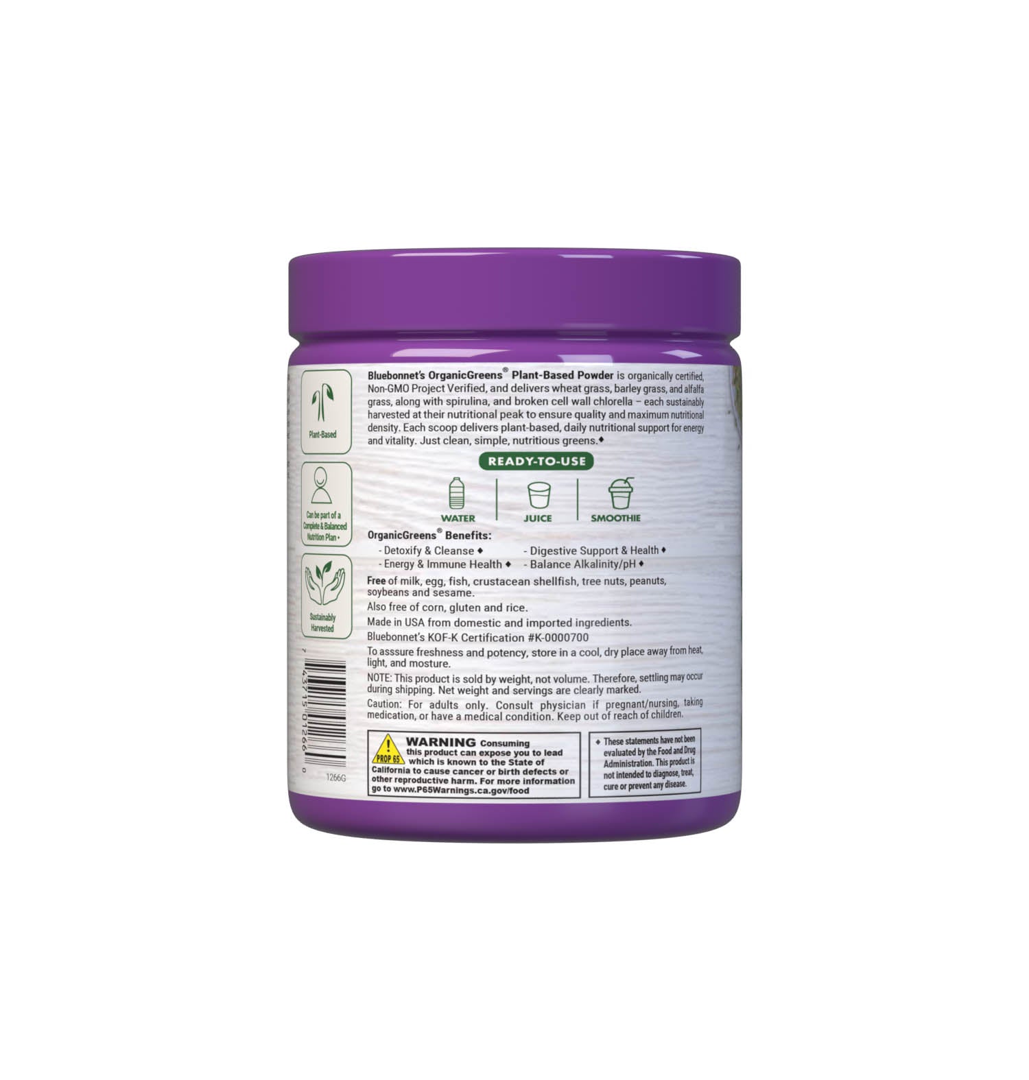 Bluebonnet’s OrganicGreens are the perfect addition to any healthy diet, providing the opportunity to meet the recommended five servings per day of fruits and vegetables in one delicious scoop. Description panel. #size_7.4 oz