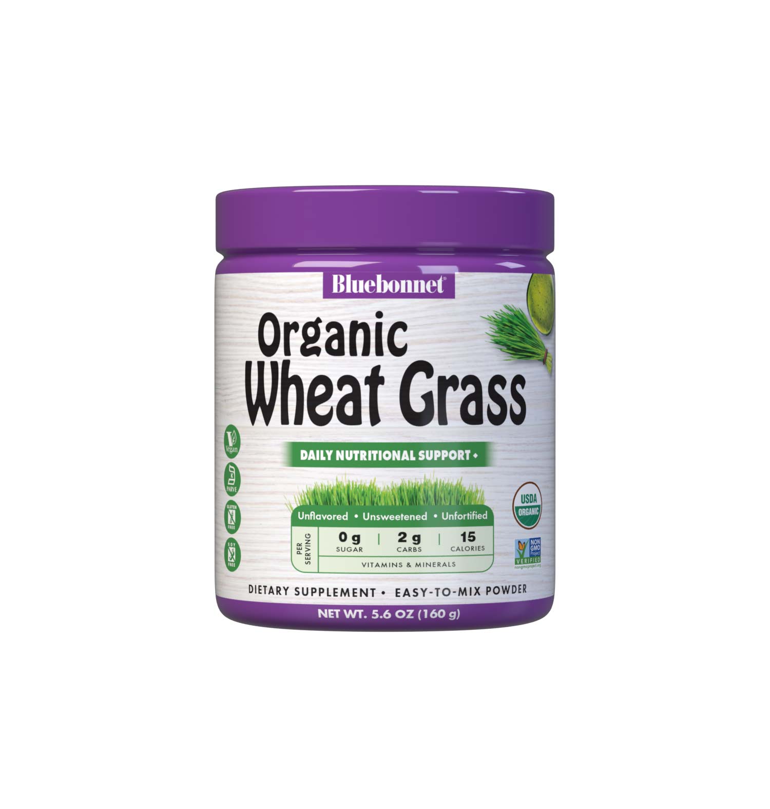Bluebonnet’s Organic WheatGrass Powder provides 100% organic certified and non-GMO verified wheatgrass with no added sweeteners, flavors or colors. #size_5.6oz