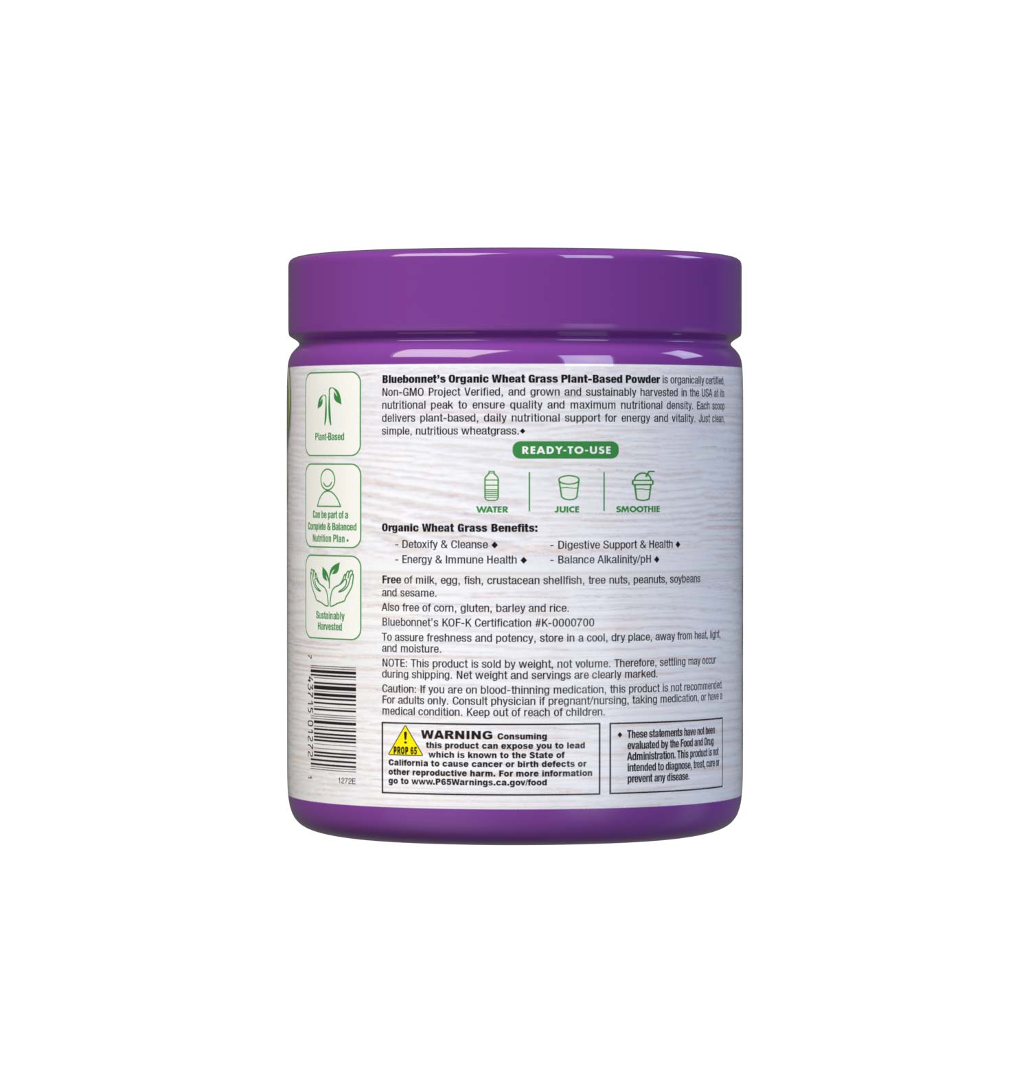 luebonnet’s Organic WheatGrass Powder provides 100% organic certified and non-GMO verified wheatgrass with no added sweeteners, flavors or colors. Description panel. #size_5.6oz