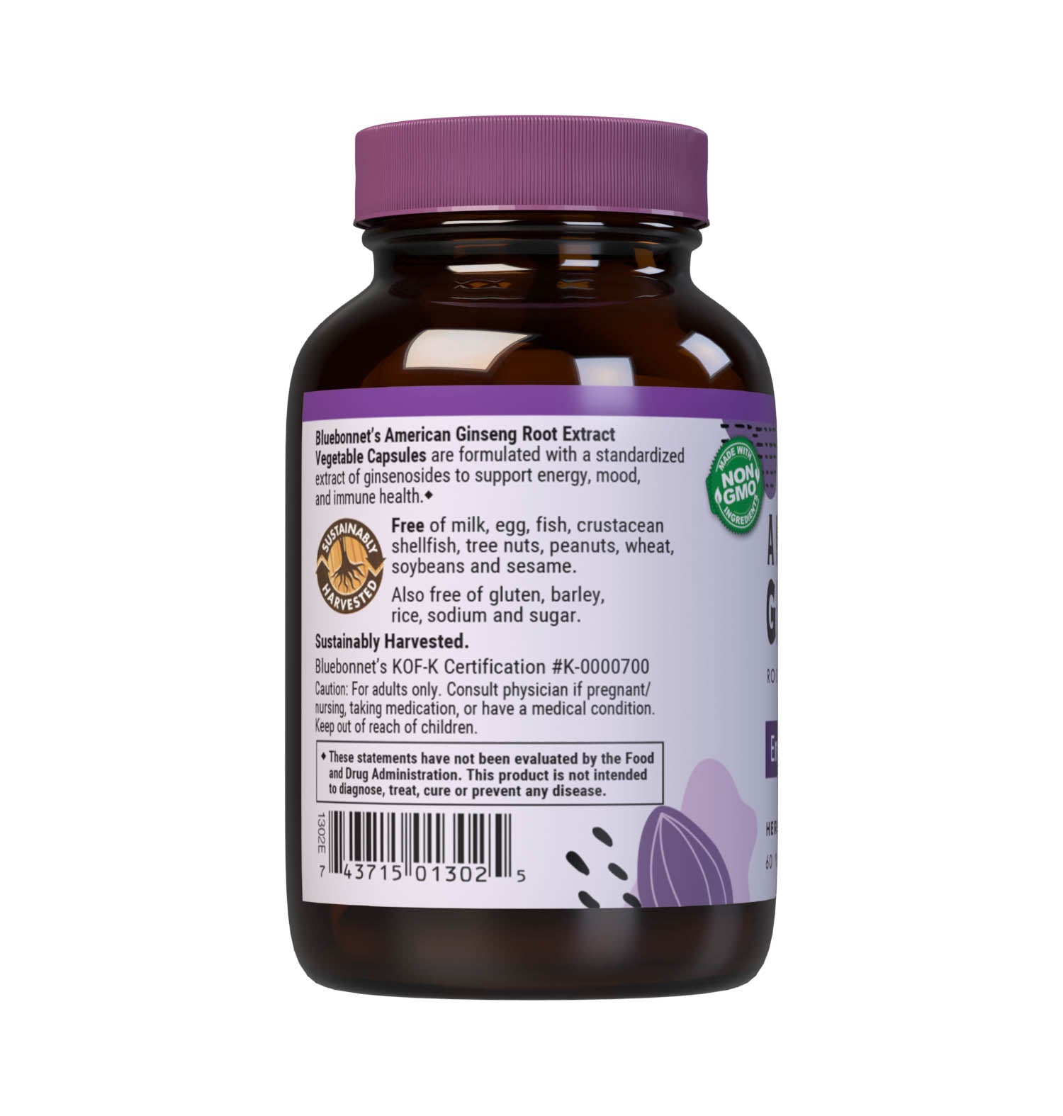 Bluebonnet’s Standardized American Ginseng Root Extract 60 Vegetable Capsules provide a standardized extract of ginsenosides, the most researched active constituents found in American ginseng root. A clean and gentle water-based extraction method is employed to capture and preserve American ginseng’s most valuable components. Description panel. #size_60 count