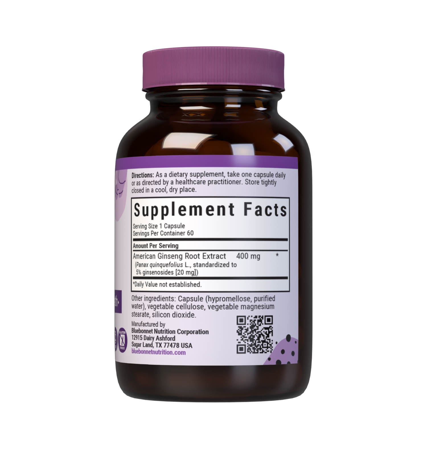 Bluebonnet’s Standardized American Ginseng Root Extract 60 Vegetable Capsules provide a standardized extract of ginsenosides, the most researched active constituents found in American ginseng root. A clean and gentle water-based extraction method is employed to capture and preserve American ginseng’s most valuable components. Supplement facts panel. #size_60 count