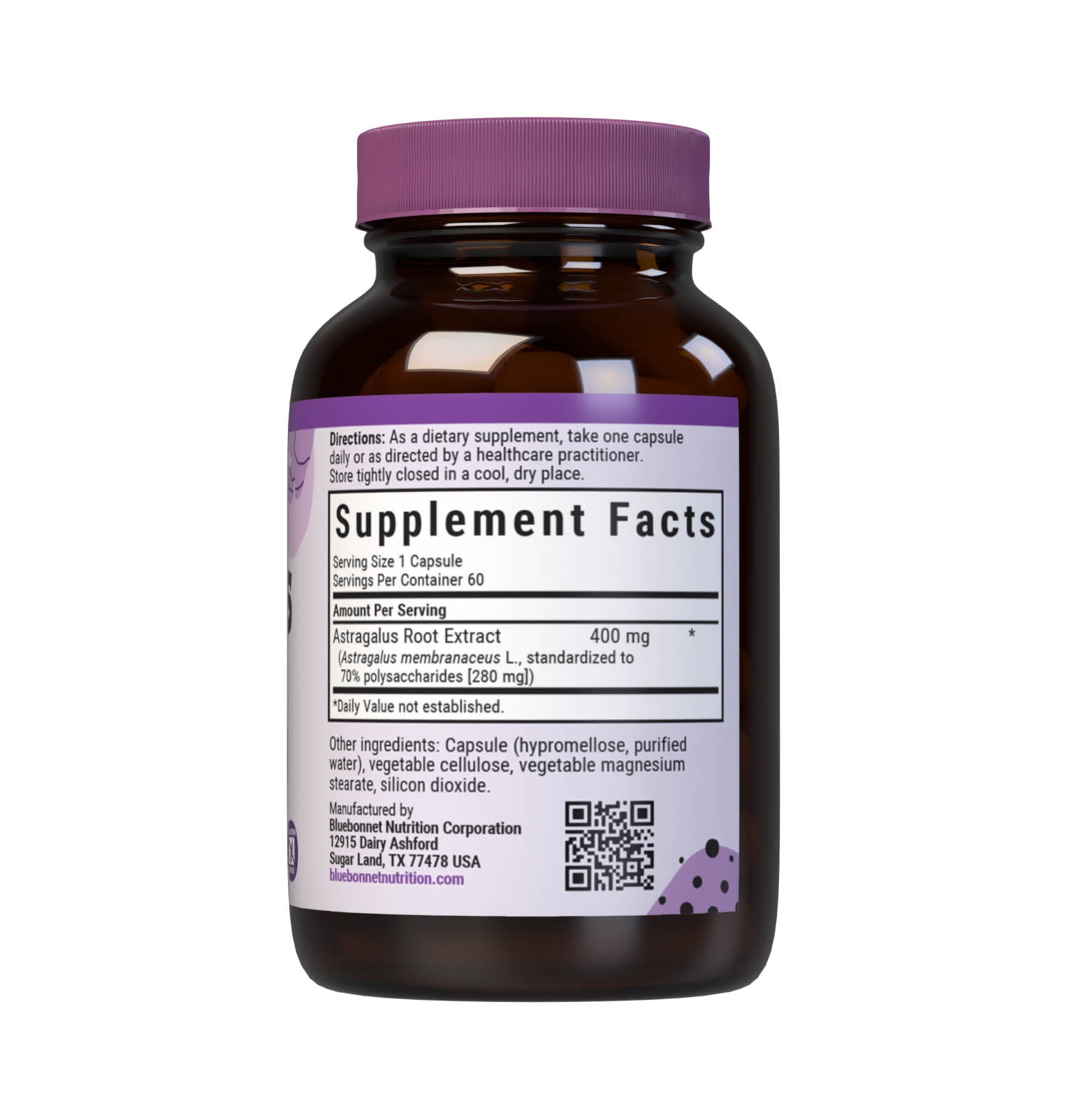 Bluebonnet’s Astragalus Root Extract 60 Vegetable Capsules provide a standardized extract of polysaccharides, the most researched active constituents found in astragalus root to support immune health. A clean and gentle water-based extraction method is employed to capture and preserve astragalus’ most valuable components. Supplement facts panel. #size_60 count