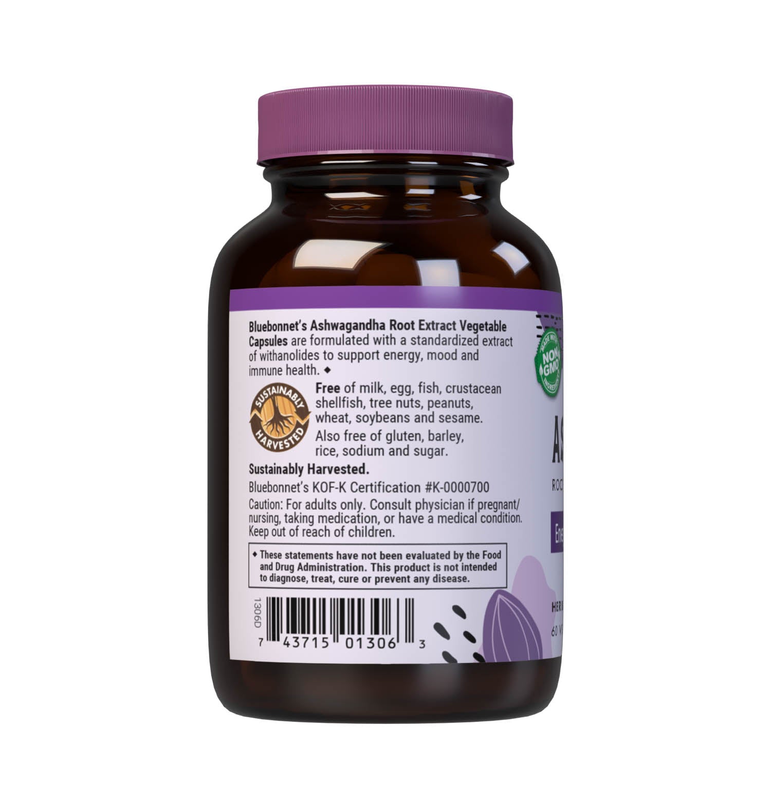 Bluebonnet’s Ashwagandha Root Extract 60 Vegetable Capsules are specially formulated with a standardized extract of withanolides from sustainably harvested, non-GMO ashwagandha root using a clean and gentle water-based extraction method. As the most researched active constituent in this Ayurvedic adaptogenic herb, withanolides are known to promote healthy energy levels while reducing stress and providing immune and cognitive support. Description panel. #size_60 count