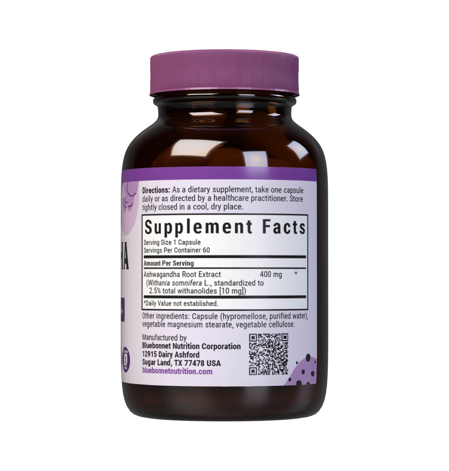 Bluebonnet’s Ashwagandha Root Extract 60 Vegetable Capsules are specially formulated with a standardized extract of withanolides from sustainably harvested, non-GMO ashwagandha root using a clean and gentle water-based extraction method. As the most researched active constituent in this Ayurvedic adaptogenic herb, withanolides are known to promote healthy energy levels while reducing stress and providing immune and cognitive support. Supplement facts panel. #size_60 count