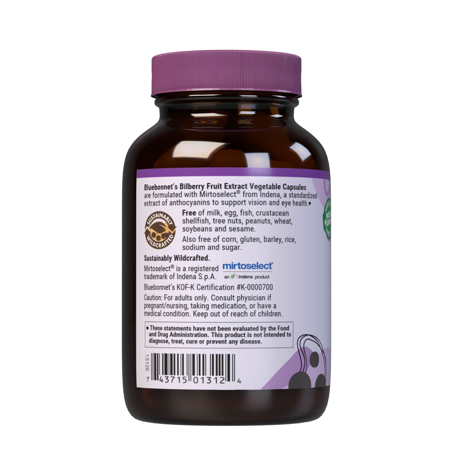 Bluebonnet’s Bilberry Fruit Extract 60 Vegetable Capsules contain Mirtoselect from Indena, a standardized extract of anthocyanins, the most researched active constituents found in bilberry fruit. A clean and gentle water-based extraction method is employed to capture and preserve bilberry’s most valuable components. Description panel. #size_60 count