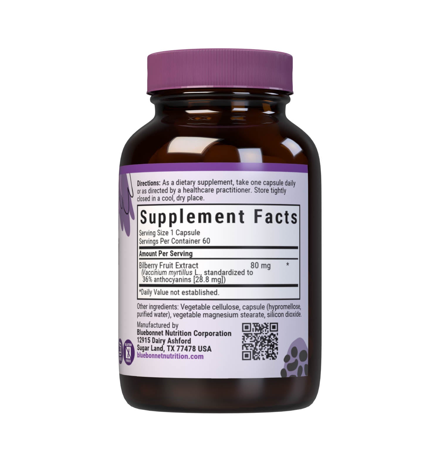 Bluebonnet’s Bilberry Fruit Extract 60 Vegetable Capsules contain Mirtoselect from Indena, a standardized extract of anthocyanins, the most researched active constituents found in bilberry fruit. A clean and gentle water-based extraction method is employed to capture and preserve bilberry’s most valuable components. Supplement facts panel. #size_60 count