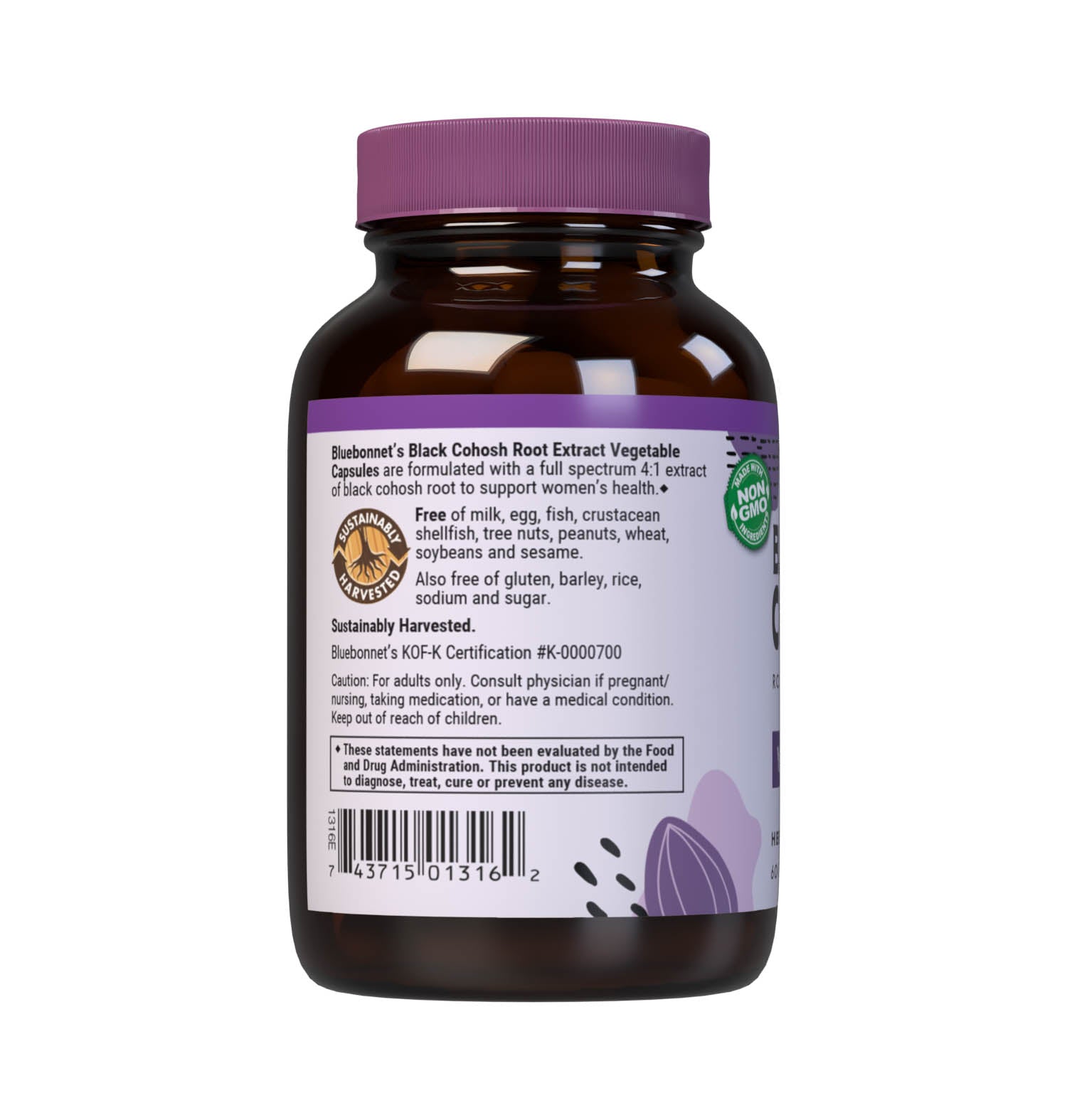 Bluebonnet’s Black Cohosh Root Extract 60 Vegetable Capsules are formulated with a full spectrum extract of black cohosh root to help support women's health. A clean and gentle water-based extraction method is employed to capture annd preserve black cohosh's most valuable components. Description panel. #size_60 count