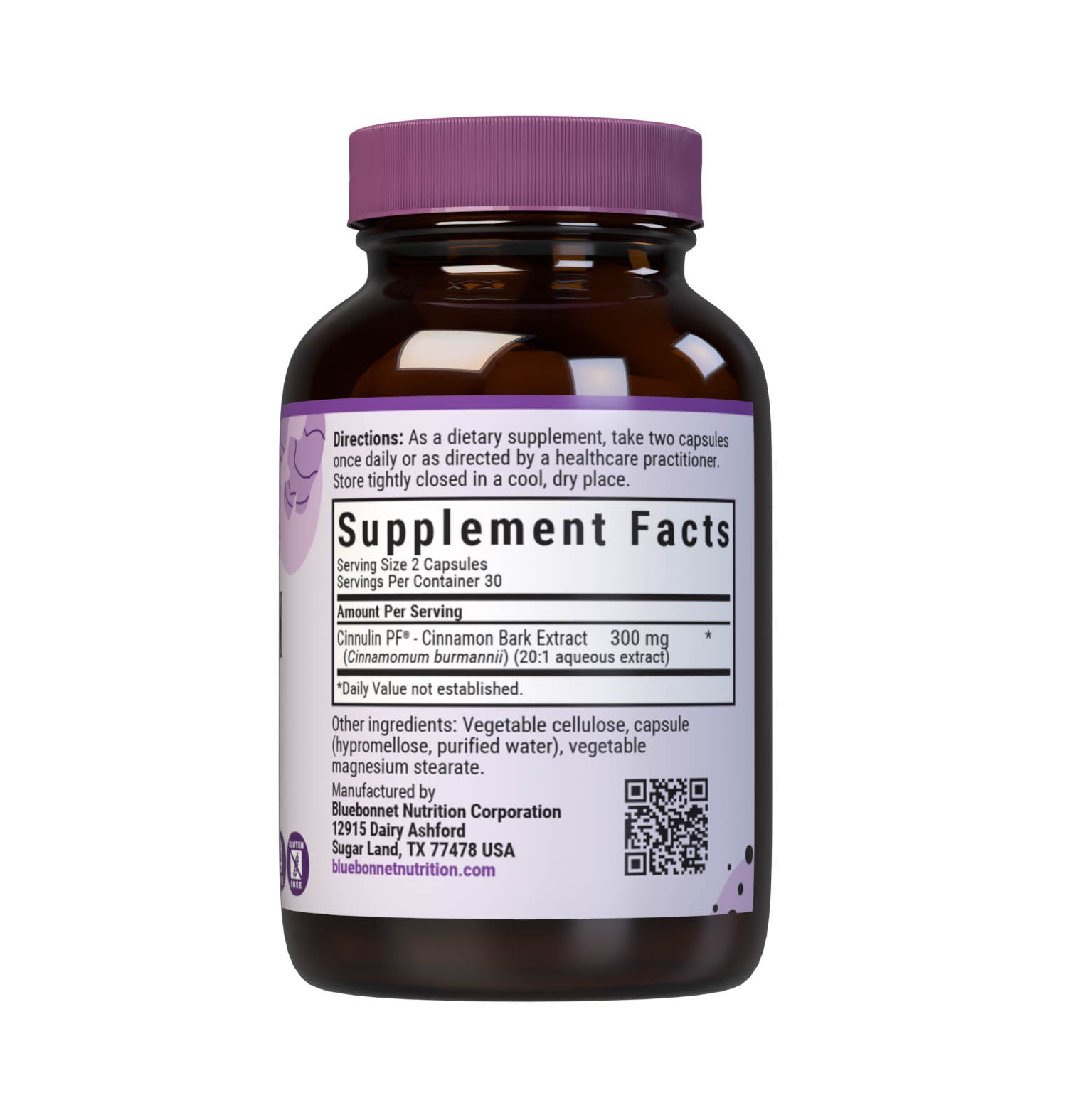 Bluebonnet’s Cinnulin PF Cinnamon Bark Extract 60 Vegetable Capsules contain a water-soluble extract that is carefully produced by a clean and gentle water-based extraction method is employed to capture and preserve cinnamon’s most valuable components while eliminating toxic compounds typically found in whole cinnamon and fat-soluble cinnamon extracts. Cinnamon may help to support healthy blood sugar levels already within normal range. Supplement facts panel. #size_60 count