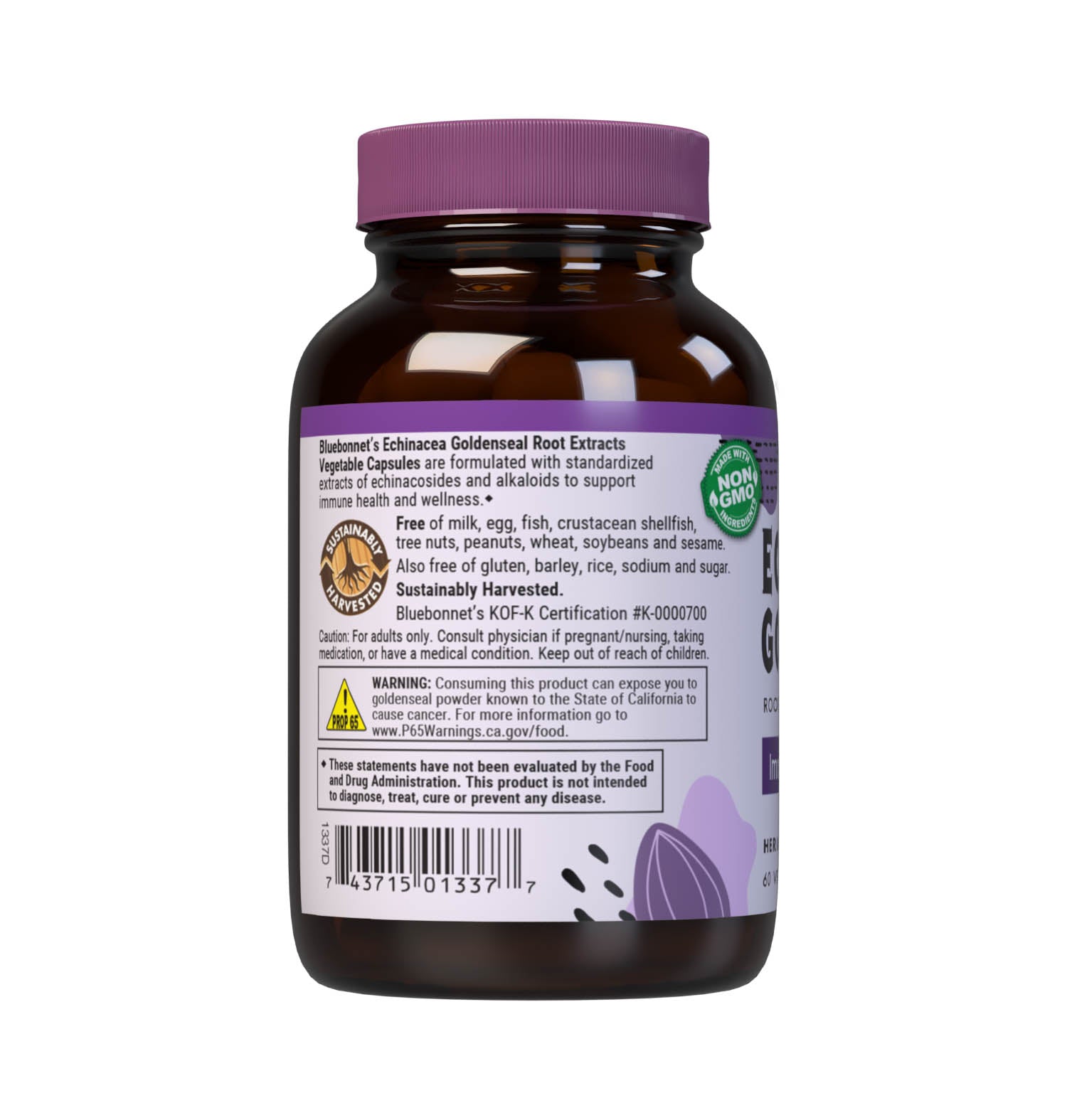 Bluebonnet’s Echinacea Goldenseal Root Extract 60 Vegetable Capsules contain a standardized extract of echinacosides and alkaloids, the most researched active constituents found in echinacea and goldenseal, respectively. A clean and gentle water-based extraction method is employed to capture and preserve both echinacea and goldenseal’s most valuable components. Description panel. #size_60 count