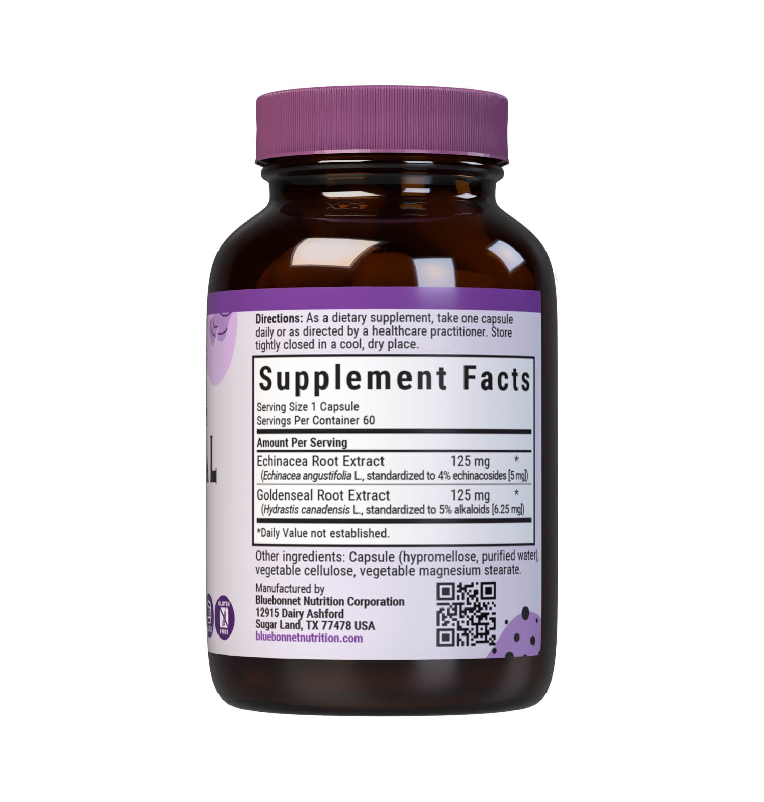 Bluebonnet’s Echinacea Goldenseal Root Extract 60 Vegetable Capsules contain a standardized extract of echinacosides and alkaloids, the most researched active constituents found in echinacea and goldenseal, respectively. A clean and gentle water-based extraction method is employed to capture and preserve both echinacea and goldenseal’s most valuable components. Supplement facts panel. #size_60 count