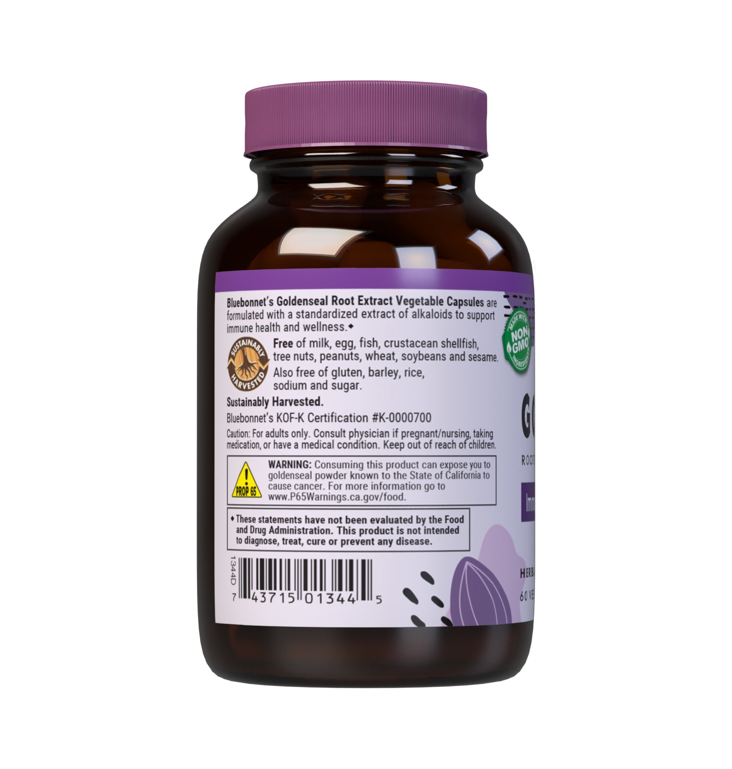 Bluebonnet’s Goldenseal Root Extract 60 Vegetable Capsules contain a standardized extract of alkaloids, the most researched active constituents found in goldenseal. A clean and gentle water-based extraction method is employed to capture and preserve goldenseal’s most valuable components. Description panel. #size_60 count