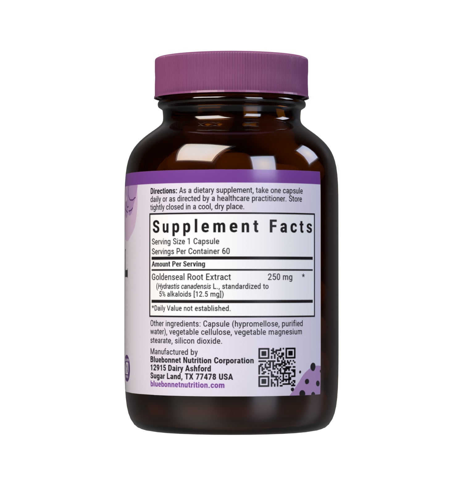 Bluebonnet’s Goldenseal Root Extract 60 Vegetable Capsules contain a standardized extract of alkaloids, the most researched active constituents found in goldenseal. A clean and gentle water-based extraction method is employed to capture and preserve goldenseal’s most valuable components. Supplement facts panel. #size_60 count