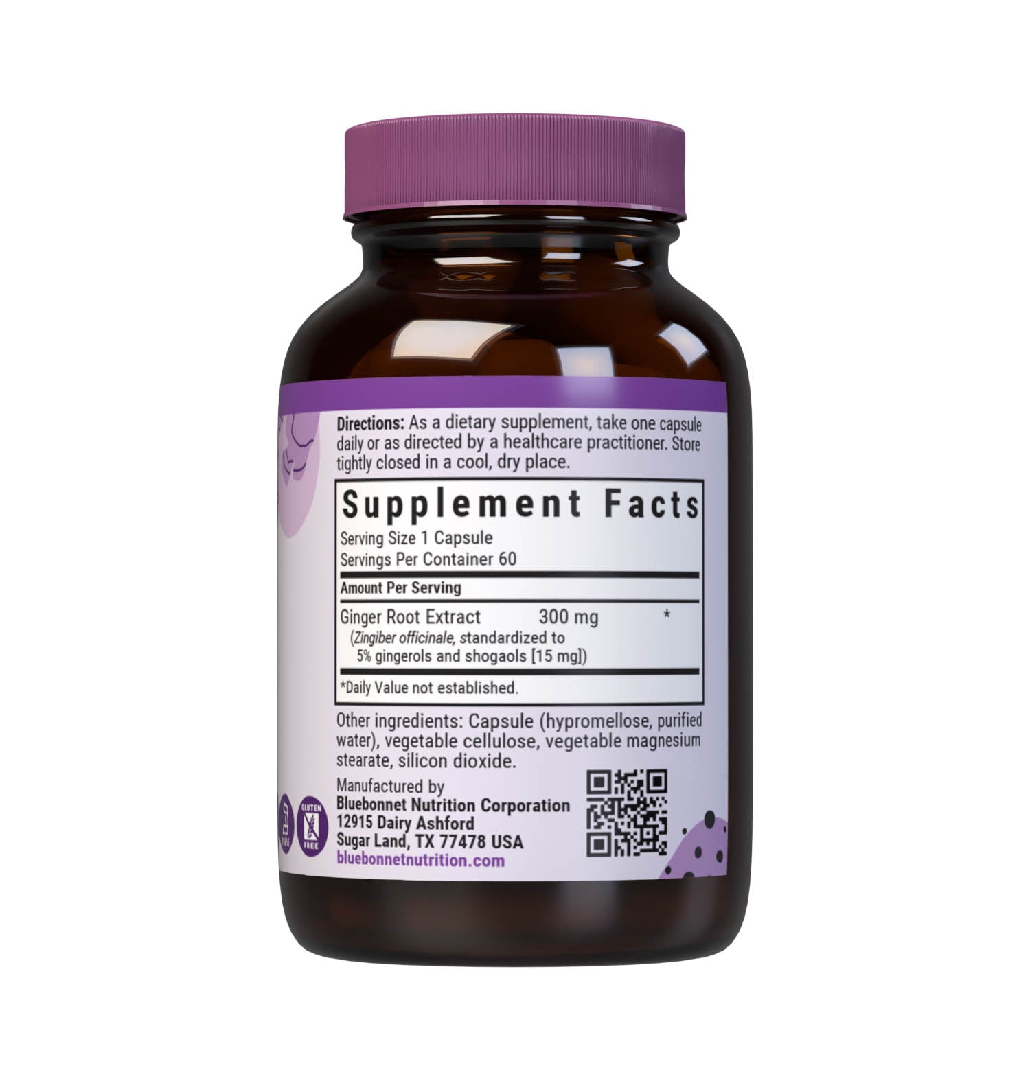 Bluebonnet’s Ginger Root Extract 60 Vegetable Capsules contain a standardized extract of gingerols and shogaols, the most researched active constituents found in ginger. A clean and gentle water-based extraction method is employed to capture and preserve ginger’s most valuable components. Supplement facts panel. #size_60 count