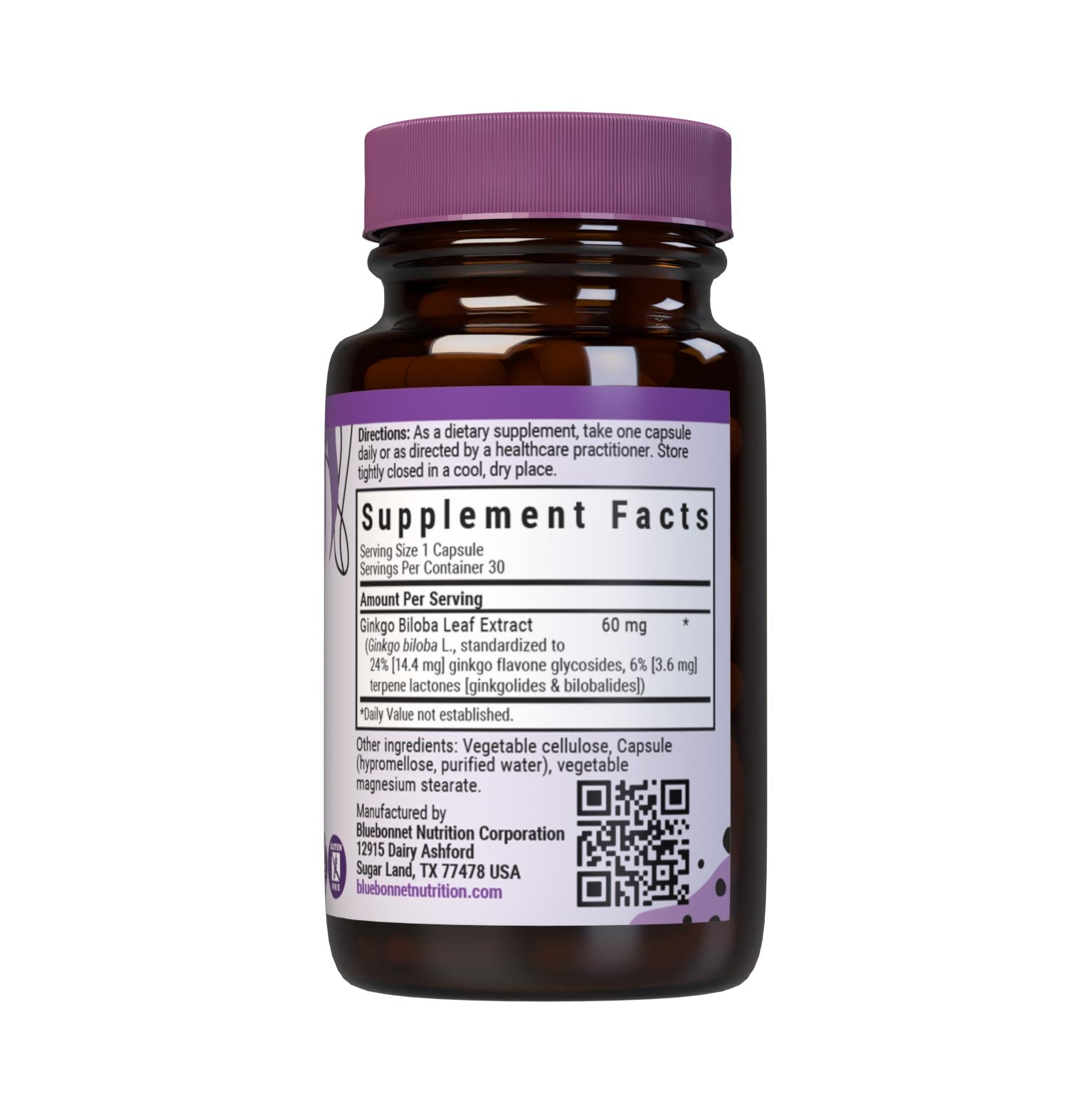 Bluebonnet’s Ginkgo Biloba Leaf Extract 30 Vegetable Capsules contain Ginkgoselect from Indena, a standardized extract of ginkgo flavoglycosides and terpene lactones, the most researched active constituents found in ginkgo biloba which may help support brain health and focus. A clean and gentle water-based extraction method is employed to capture and preserve ginkgo biloba’s most valuable components. Supplement facts panel. #size_30 count