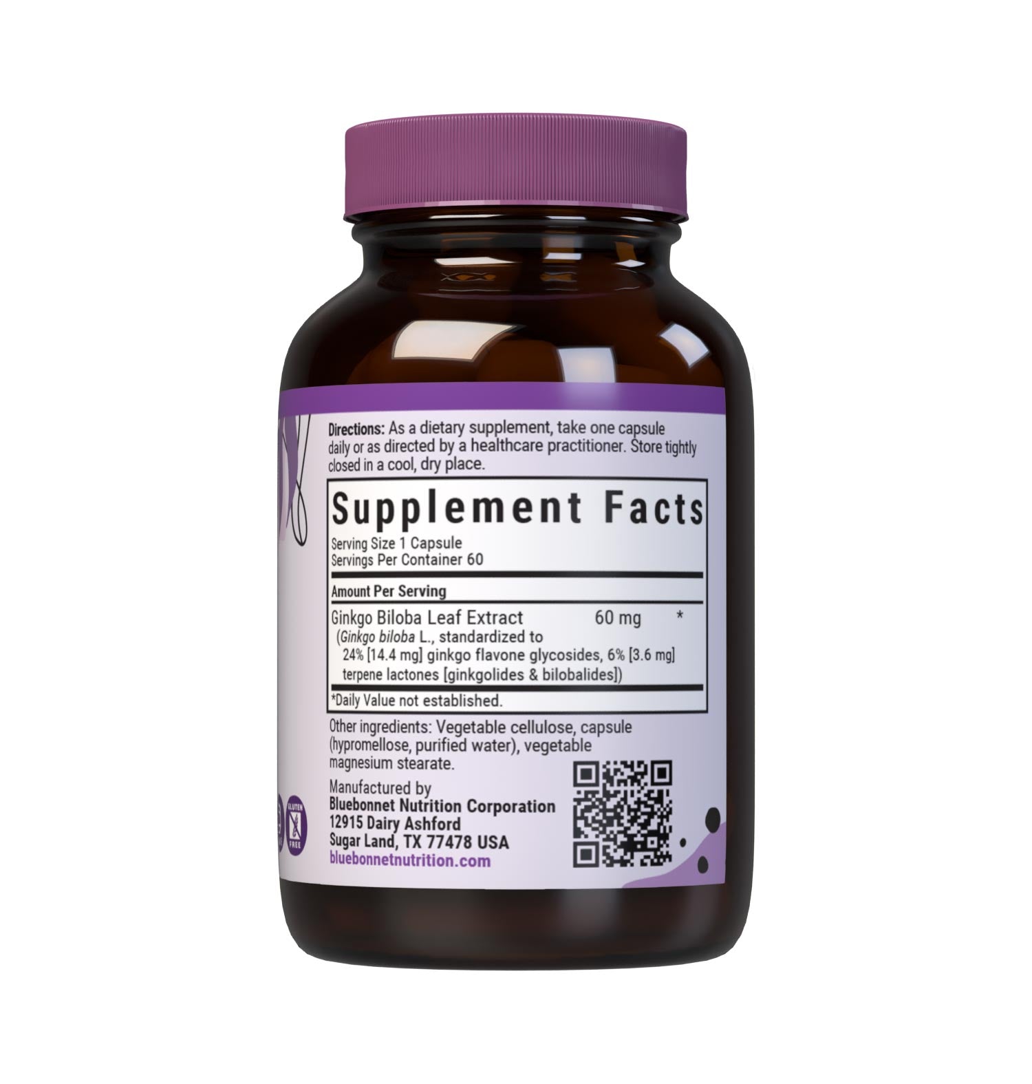 Bluebonnet’s Ginkgo Biloba Leaf Extract 60 Vegetable Capsules contain Ginkgoselect from Indena, a standardized extract of ginkgo flavoglycosides and terpene lactones, the most researched active constituents found in ginkgo biloba which may help support brain health and focus. A clean and gentle water-based extraction method is employed to capture and preserve ginkgo biloba’s most valuable components. Supplement facts panel.  #size_60 count