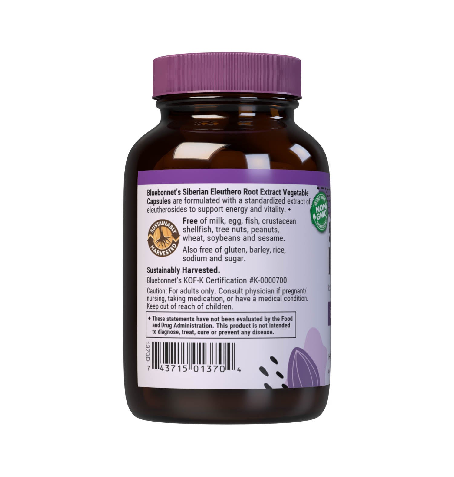 Bluebonnet’s Siberian Eleuthero Root Extract 60 Vegetable Capsules are formulated with a standardized extract of eleutherosides, the most researched active constituents found in Siberian eleuthero root. A clean and gentle water-based extraction method is employed to capture and preserve Siberian eleuthero root’s most valuable components. Description panel. #size_60 count