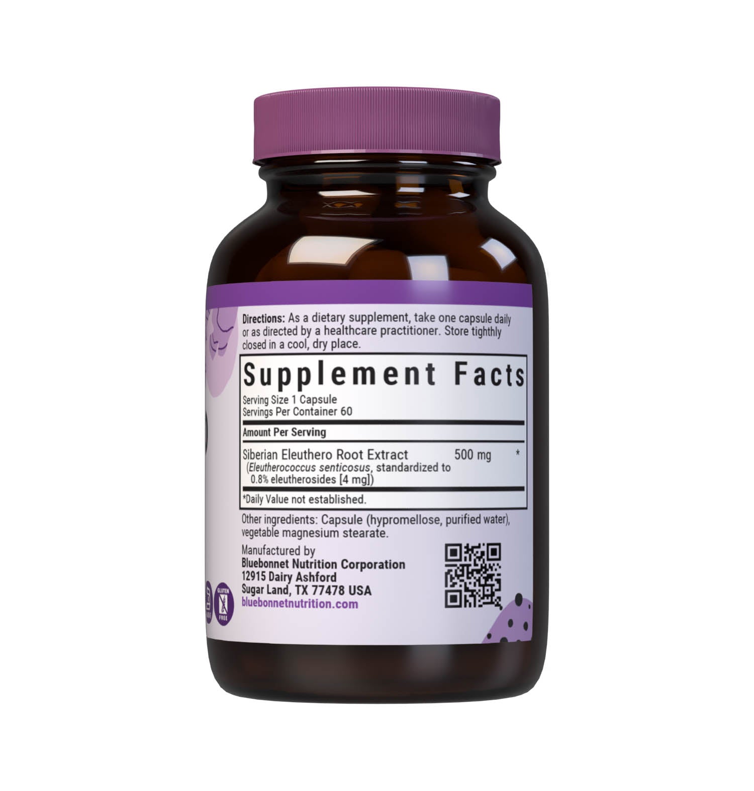 Bluebonnet’s Siberian Eleuthero Root Extract 60 Vegetable Capsules are formulated with a standardized extract of eleutherosides, the most researched active constituents found in Siberian eleuthero root. A clean and gentle water-based extraction method is employed to capture and preserve Siberian eleuthero root’s most valuable components. Supplement facts panel. #size_60 count