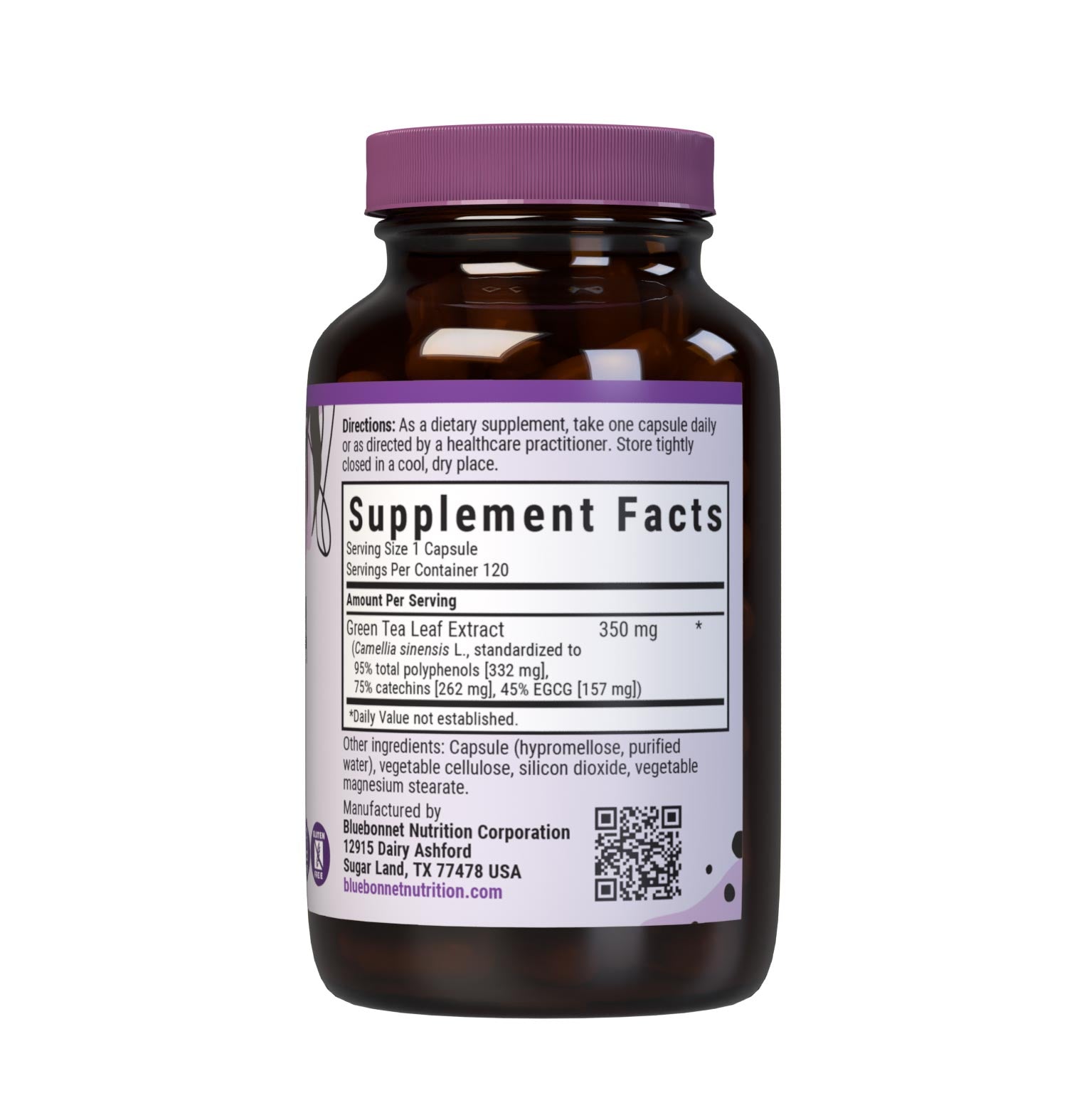 Bluebonnet’s EGCG Green Tea Leaf Extract 120 Vegetable Capsules contain a standardized extract of total polyphenols, catechins and EGCG, the most researched active constituents found in green tea. A clean and gentle water-based extraction method is employed to capture and preserve green tea’s most valuable components. Supplement facts panel. #size_120 count