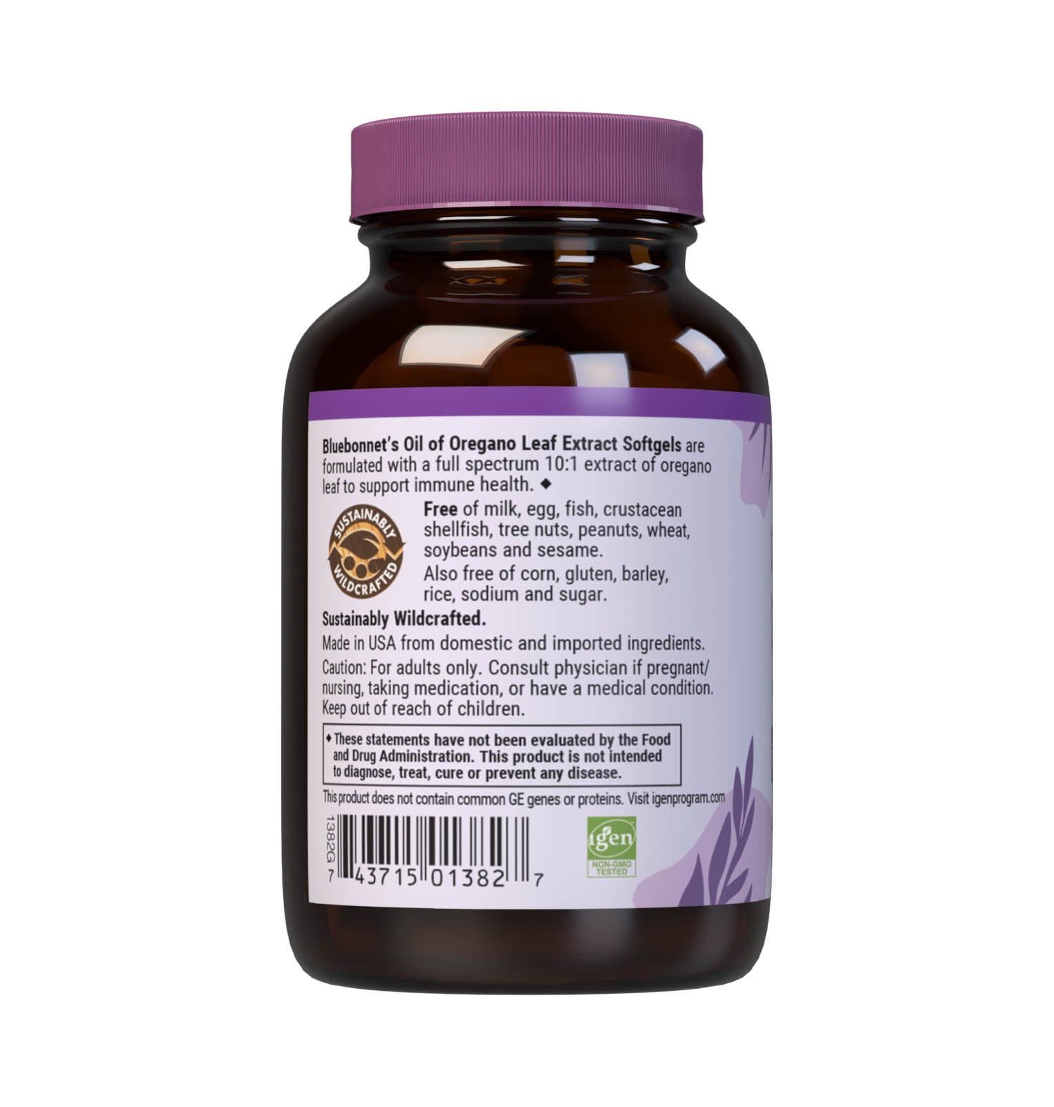 Bluebonnet’s Oil of Oregano Leaf Extract 60 Softgels provide a concentrated and highly-refined full spectrum extract of oregano leaf, which may support immune health, that is produced from a true Wild Mediterranean species and is harvested from the mountainous regions of Hungary. A clean and gentle water-based extraction method is employed to capture and preserve oil of oregano’s most valuable components. Description panel. #size_60 count