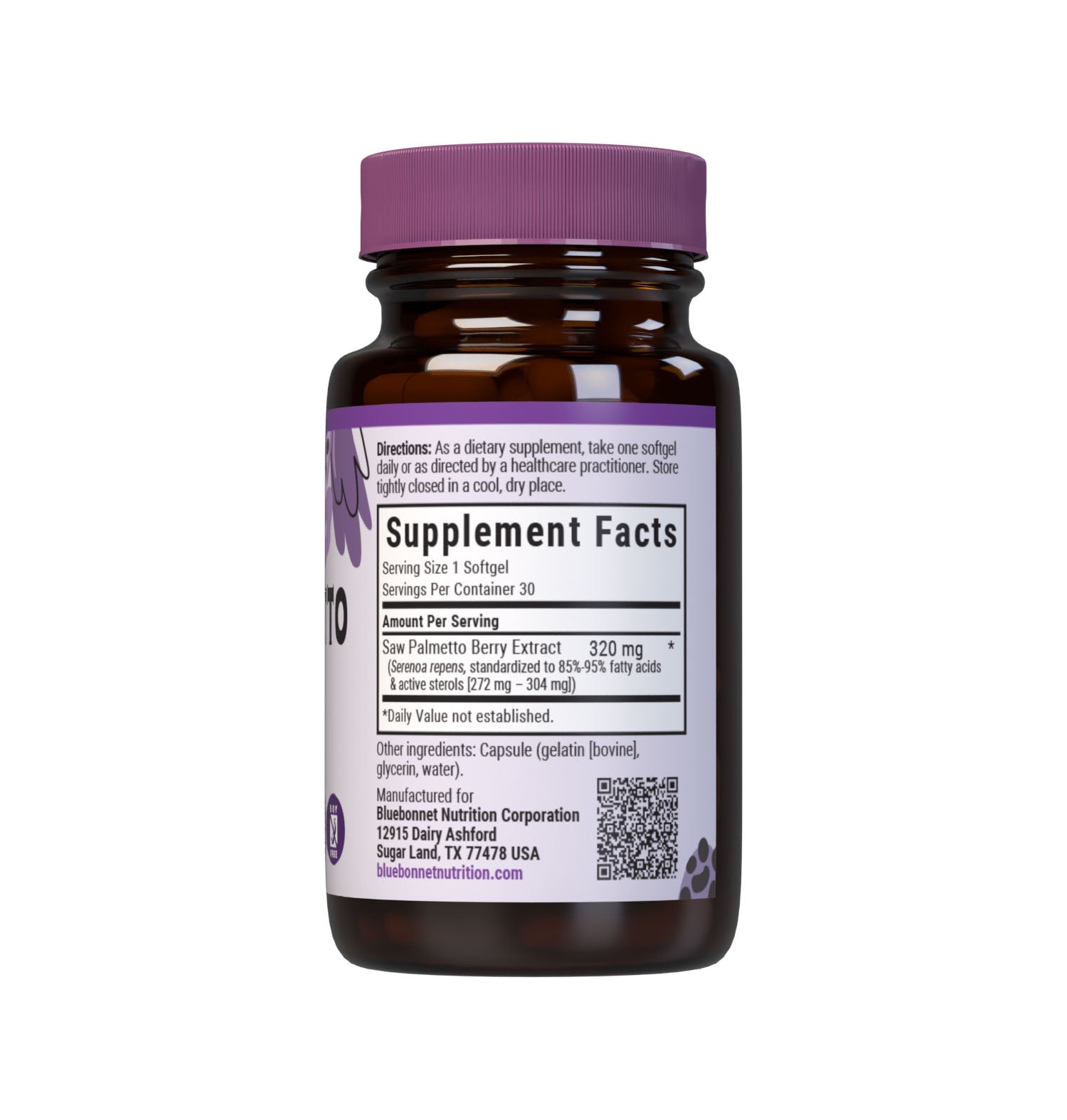 Bluebonnet’s Saw Palmetto Berry Extract 30 Softgels contain a standardized extract of fatty acids and active sterols, the most researched active constituents found in saw palmetto. A clean and gentle supercritical CO2 extraction method is employed to capture and preserve saw palmetto’s most valuable components. Supplement facts panel. #size_30 count