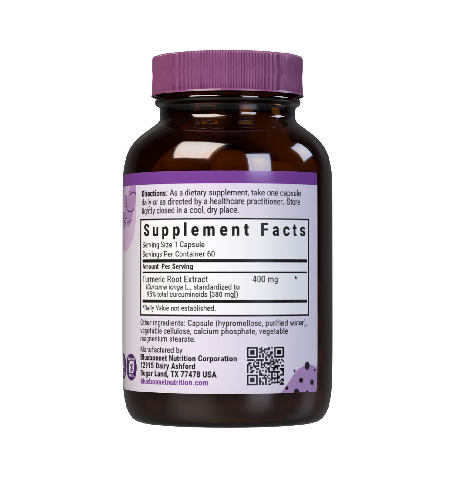 Bluebonnet’s Turmeric Root Extract 60 Capsules provide a standardized extract of total curcuminoids, the most researched active constituents found in turmeric. A clean and gentle water-based extraction method is employed to capture and preserve turmeric’s most valuable components. Supplement facts panel. #size_60 count