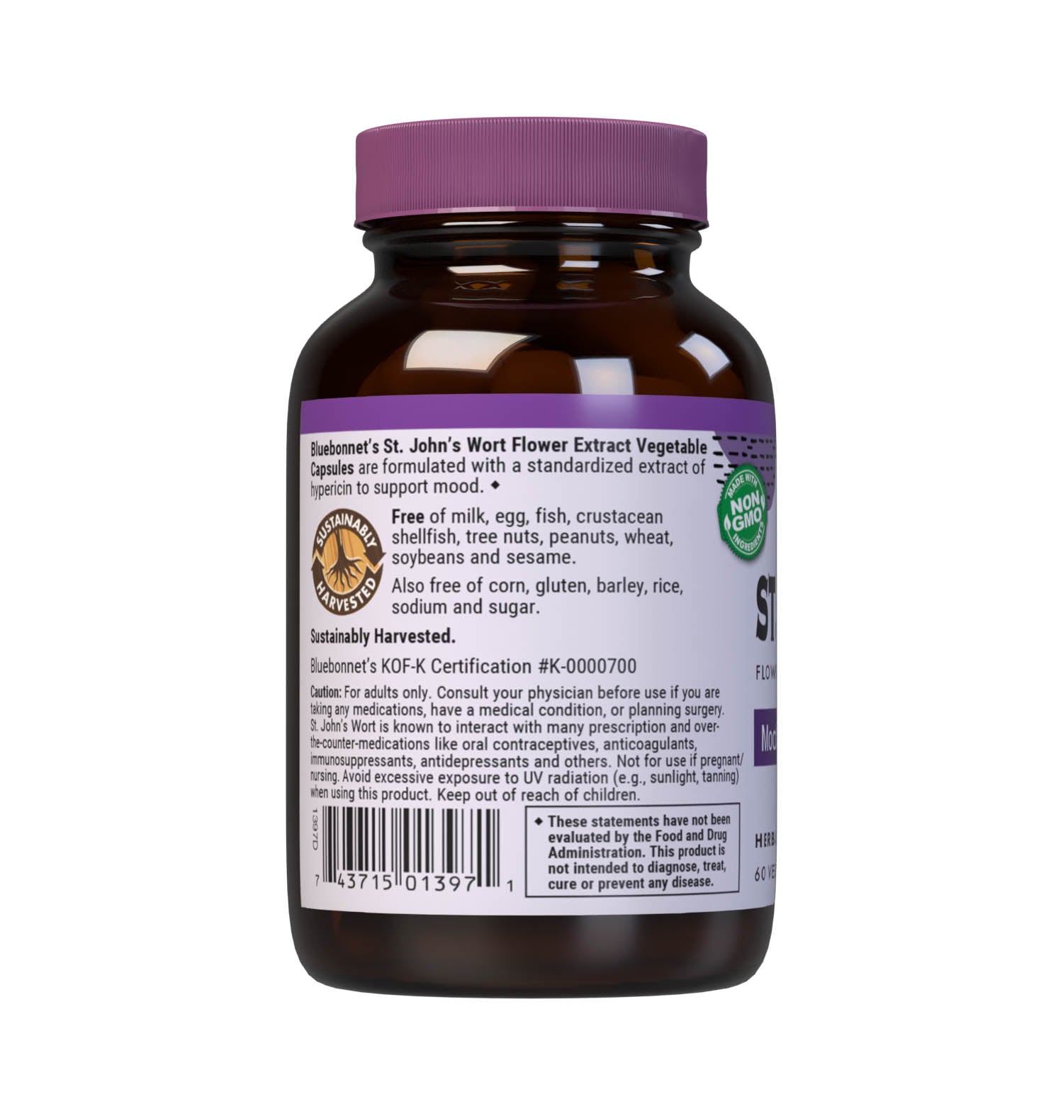 Bluebonnet’s St. John’s Wort Flower Extract 60 Vegetable Capsules provide a standardized extract of hypericin, the most researched active constituent found in St. John’s Wort. A clean and gentle water-based extraction method is employed to capture and preserve St. John’s Wort’s most valuable components. Description panel. #size_60 count