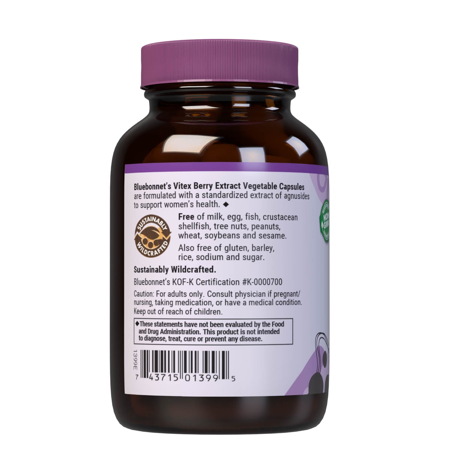 Bluebonnet’s Vitex Berry Extract 60 Vegetable Capsules contain a standardized extract of agnusides, the most researched active constituents found in vitex, which may support women's health. A clean and gentle water-based extraction method is employed to capture and preserve vitex’s most valuable components. Description panel. #size_60 count