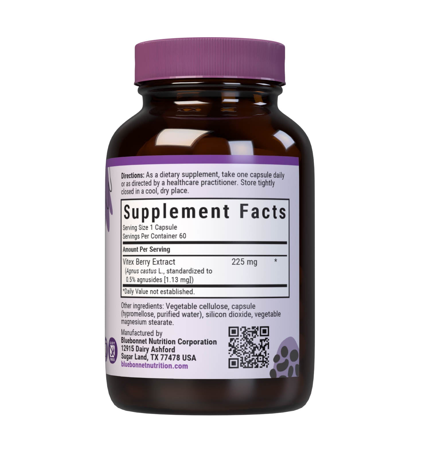 Bluebonnet’s Vitex Berry Extract 60 Vegetable Capsules contain a standardized extract of agnusides, the most researched active constituents found in vitex, which may support women's health. A clean and gentle water-based extraction method is employed to capture and preserve vitex’s most valuable components. Supplement facts panel. #size_60 count