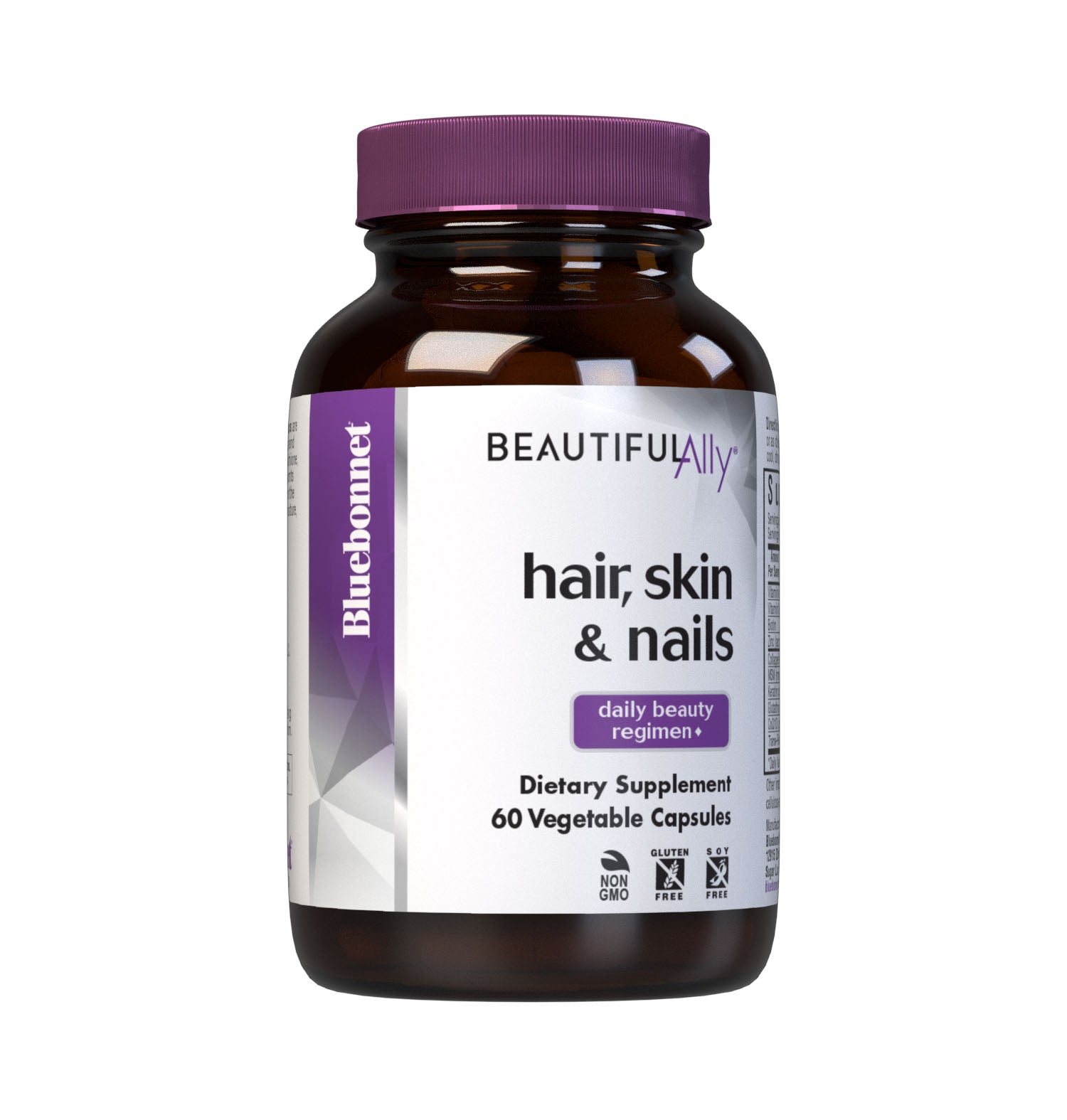 Bluebonnet’s Beautiful Ally Hair Skin & Nails 60 Vegetable Capsules are formulated to help protect, maintain and nourish hair, skin and nails daily with vitamins, minerals and other ingredients like L-glutathione, type I & III collagen peptides, keratin, and MSM. These nutrients provide the body with the building blocks necessary to help improve the strength and appearance of hair and nails while supporting skin moisture, elasticity, and radiance from the inside out.  #size_60 count