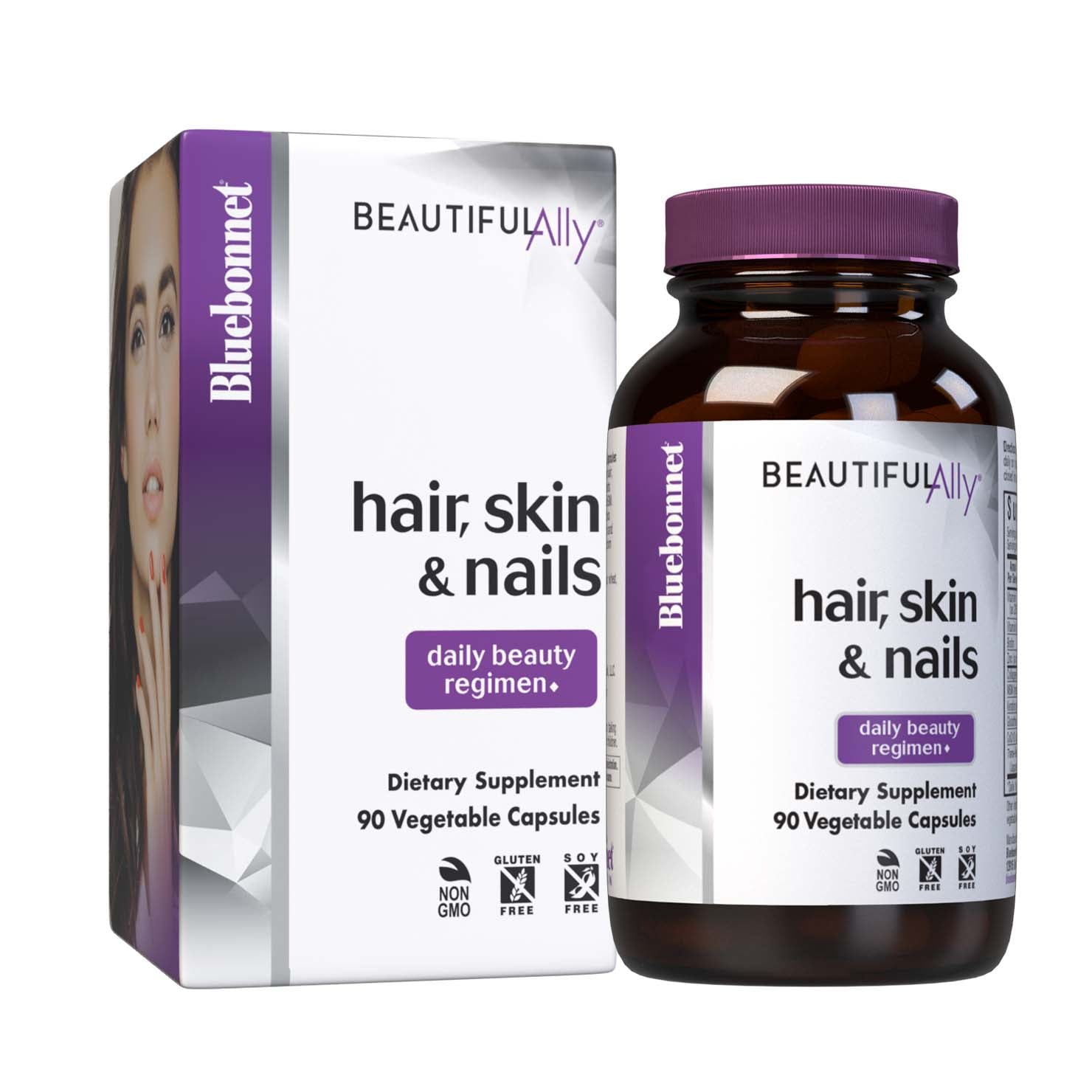 Bluebonnet’s Beautiful Ally Hair Skin & Nails 90 Vegetable Capsules are formulated to help protect, maintain and nourish hair, skin and nails daily with vitamins, minerals and other ingredients like L-glutathione, type I & III collagen peptides, keratin, and MSM. These nutrients provide the body with the building blocks necessary to help improve the strength and appearance of hair and nails while supporting skin moisture, elasticity, and radiance from the inside out. Bottle and box. #size_90 count