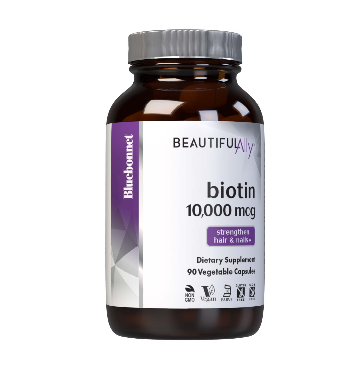 Bluebonnet’s Beautiful Ally Biotin 10,000 mcg 90 Vegetable Capsules are specially formulated to help strengthen hair and nails with yeast-free biotin, a water-soluble B vitamin, in its crystalline form. #size_90 count